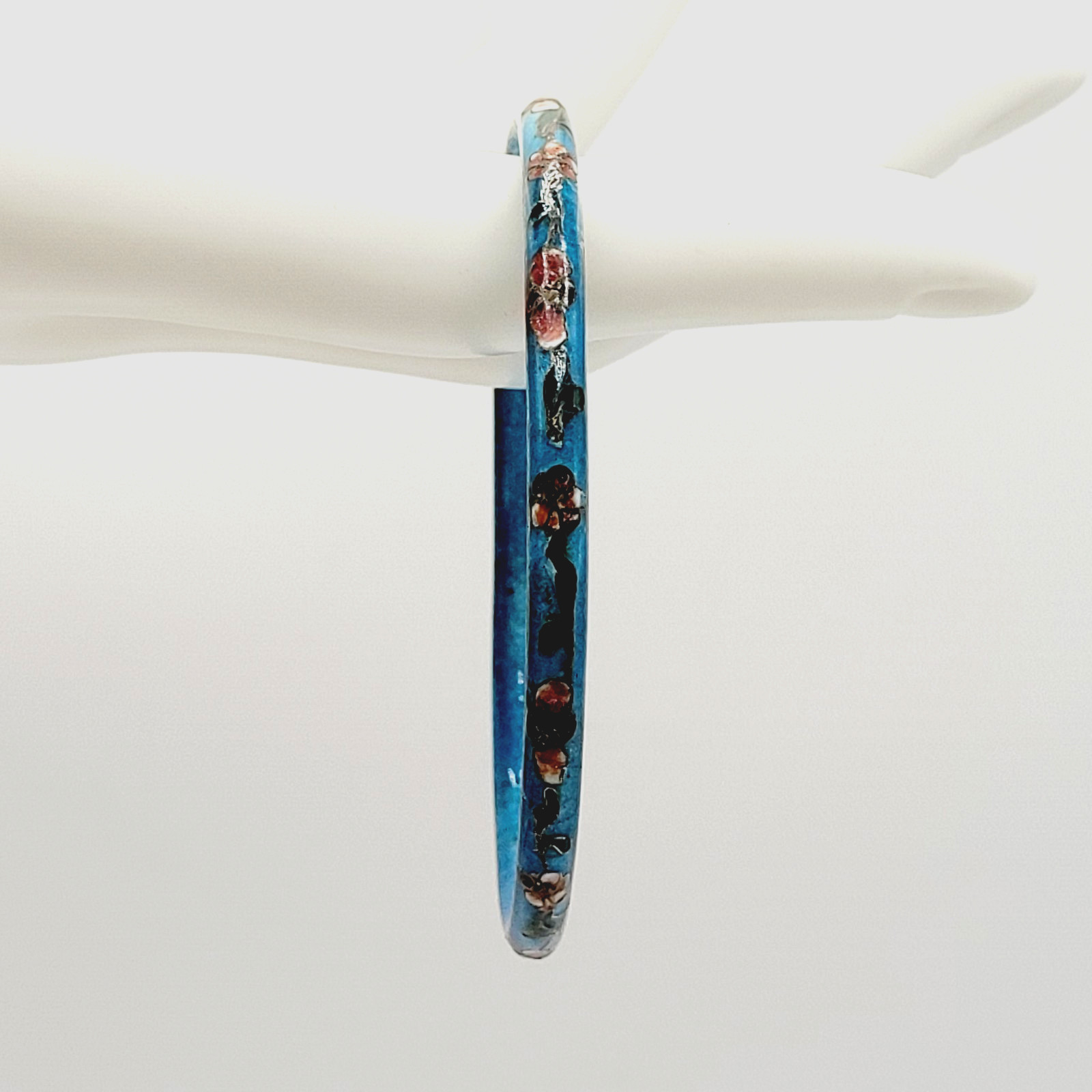 Cloisonné Light Blue Enamel Floral Hand Painted Asian Inspired Bangle Bracelet