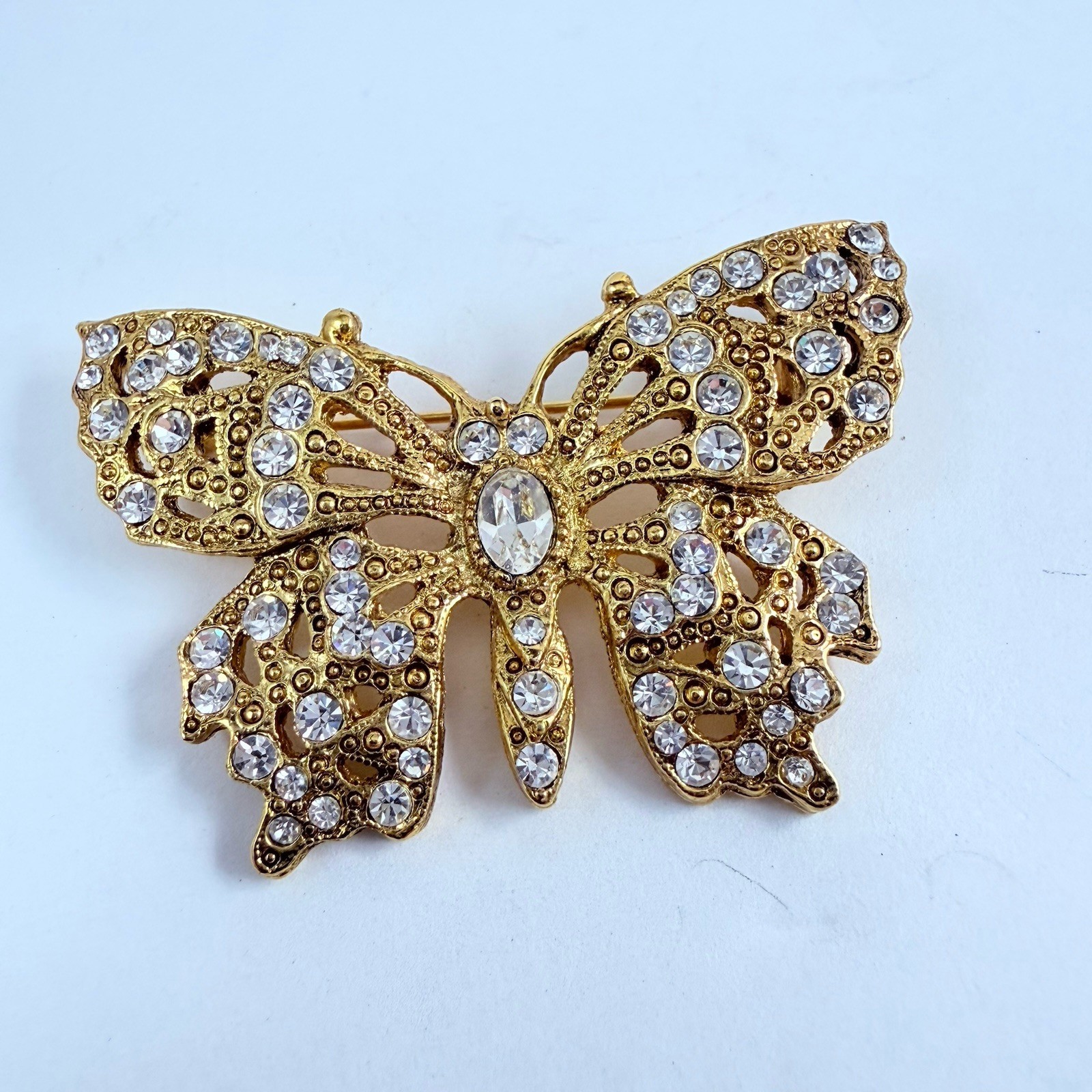Vintage 1928 Brand Rhinestone Butterfly Brooch Gold Tone Pin