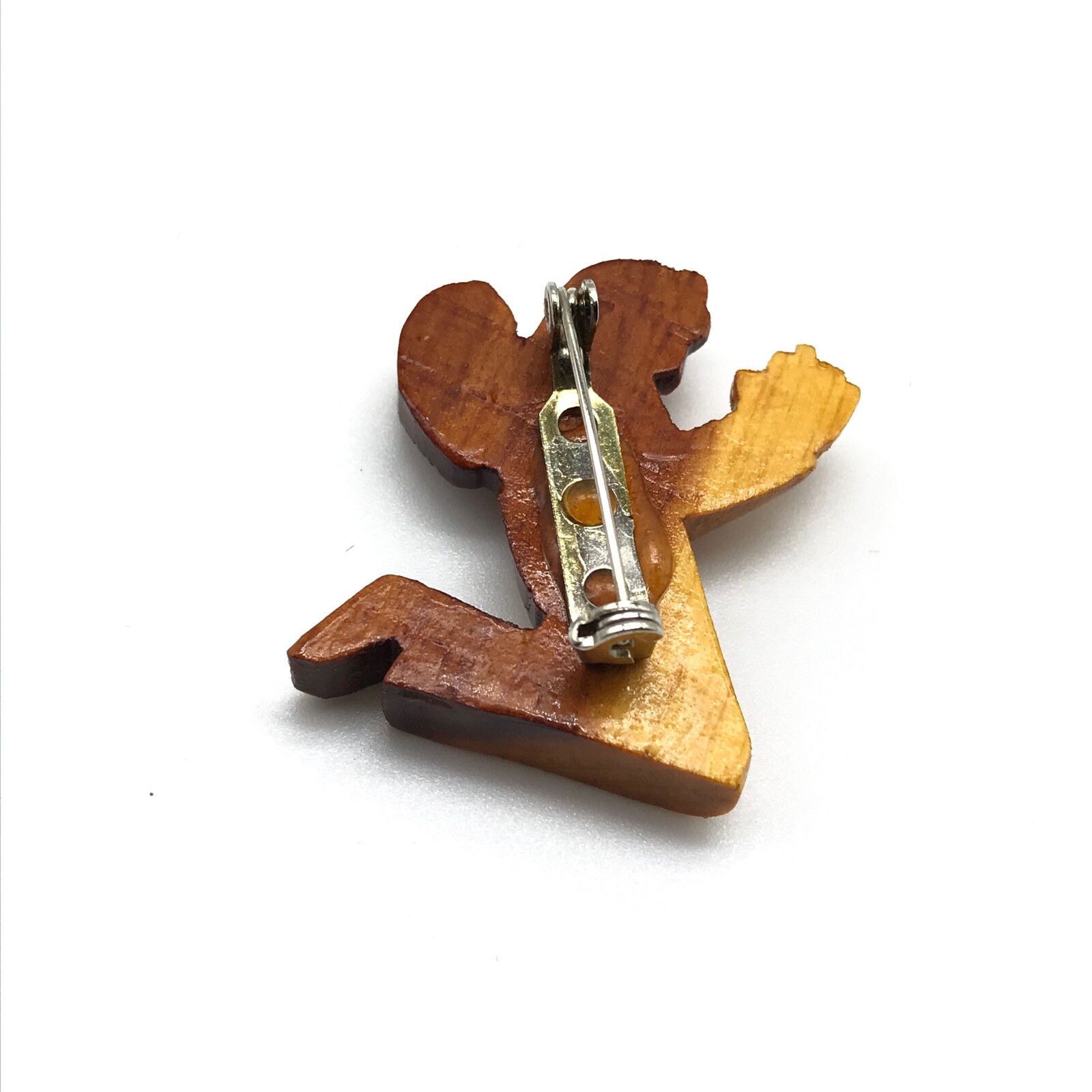 Vintage Carved Wooden Praying Angel Person Brooch Pin