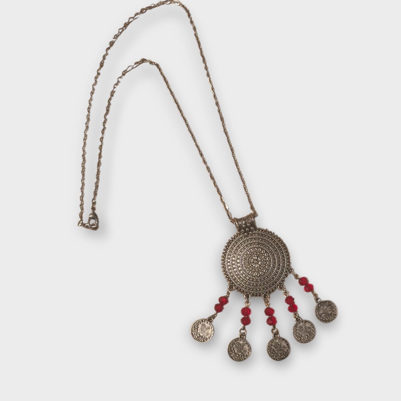 Vintage Silver ToneBoho Ethnic Necklace Coins Pendant Red Beads Womens Jewelry