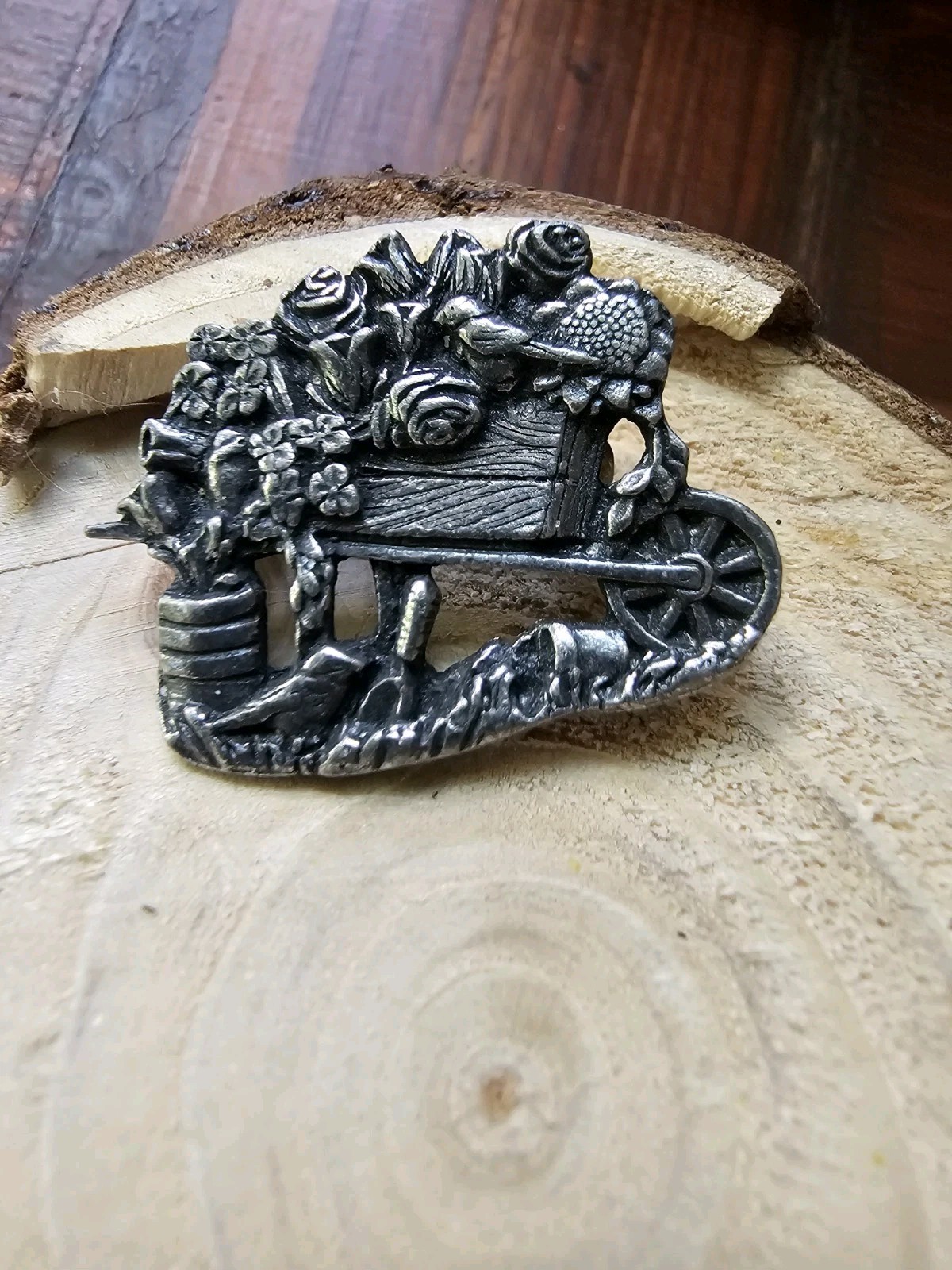 Birds & Blooms 2001 Limited Ed Wheelbarrow Flowers Rose Signed Pewter Brooch