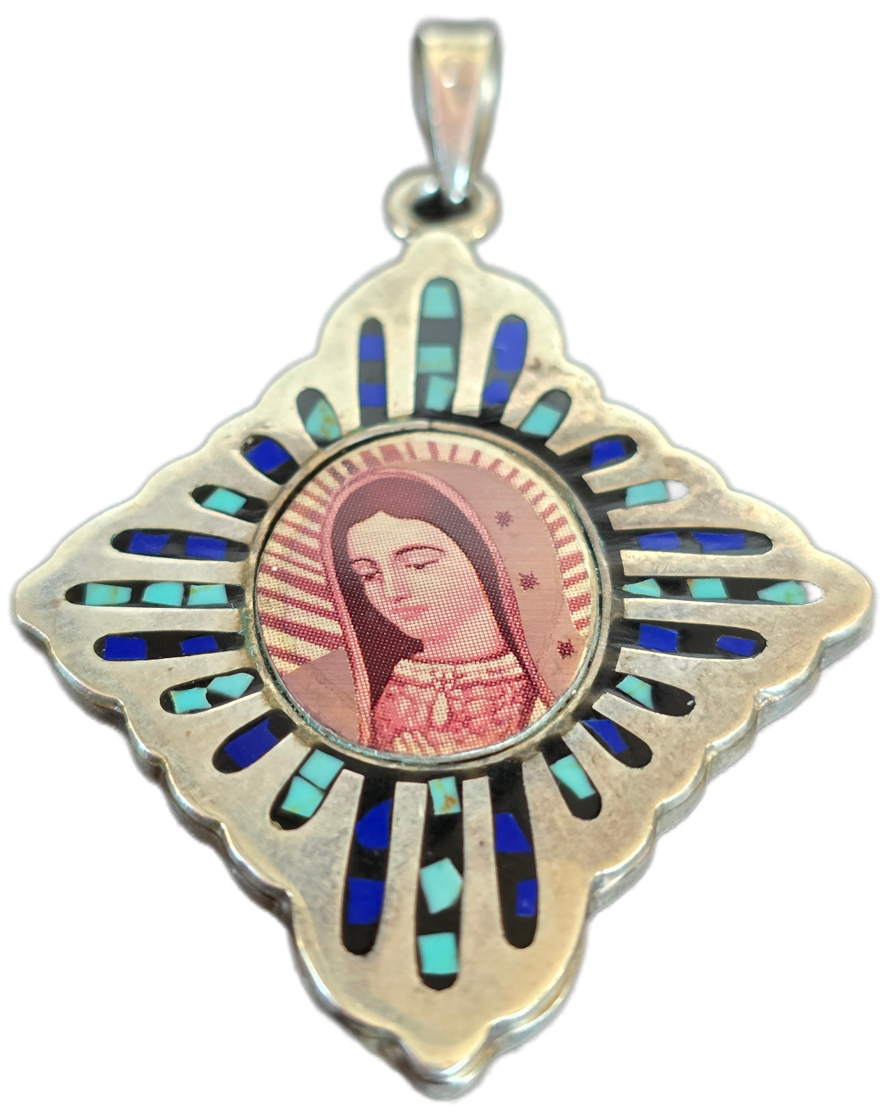 Large Sterling Silver Enamel Virgin Mary Pendant Blue Turquoise Religious Medal
