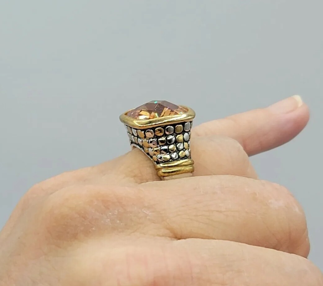 Vtg Sz 7 Ring Lg Citrine Topaz Cubic Zirconia Roman Brutalist Theme Jewelry Dot
