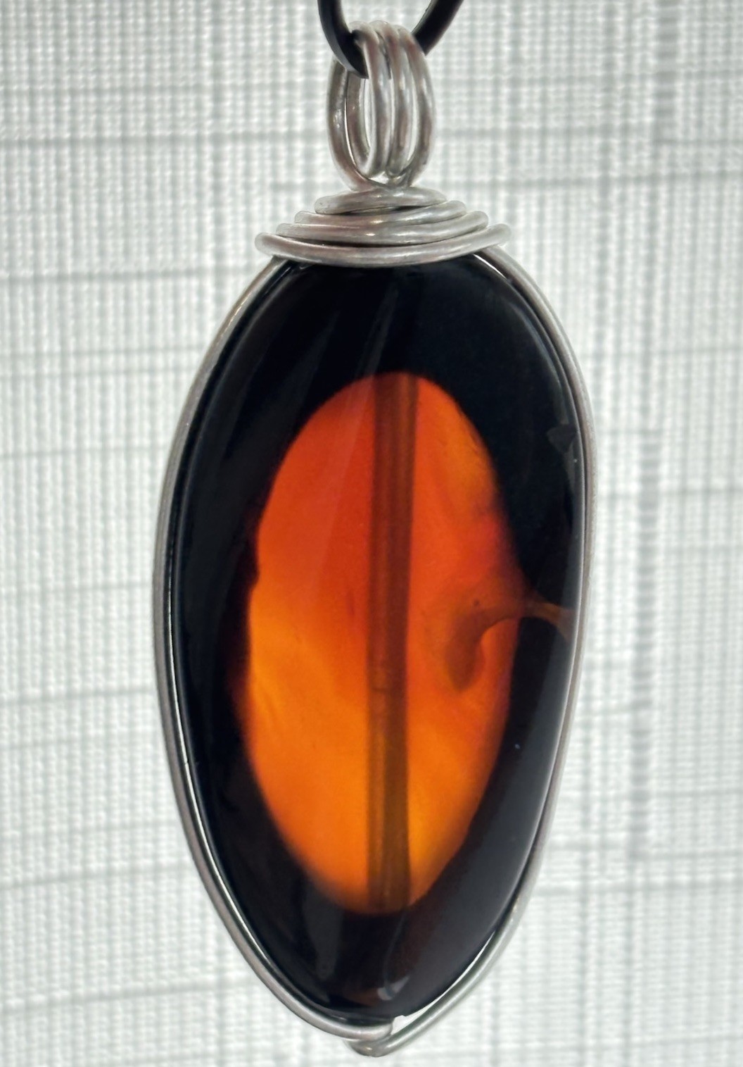 Handmade Wire Wrapped Pendant Dk Amber Orange Translucent Stone or Glass Artisan