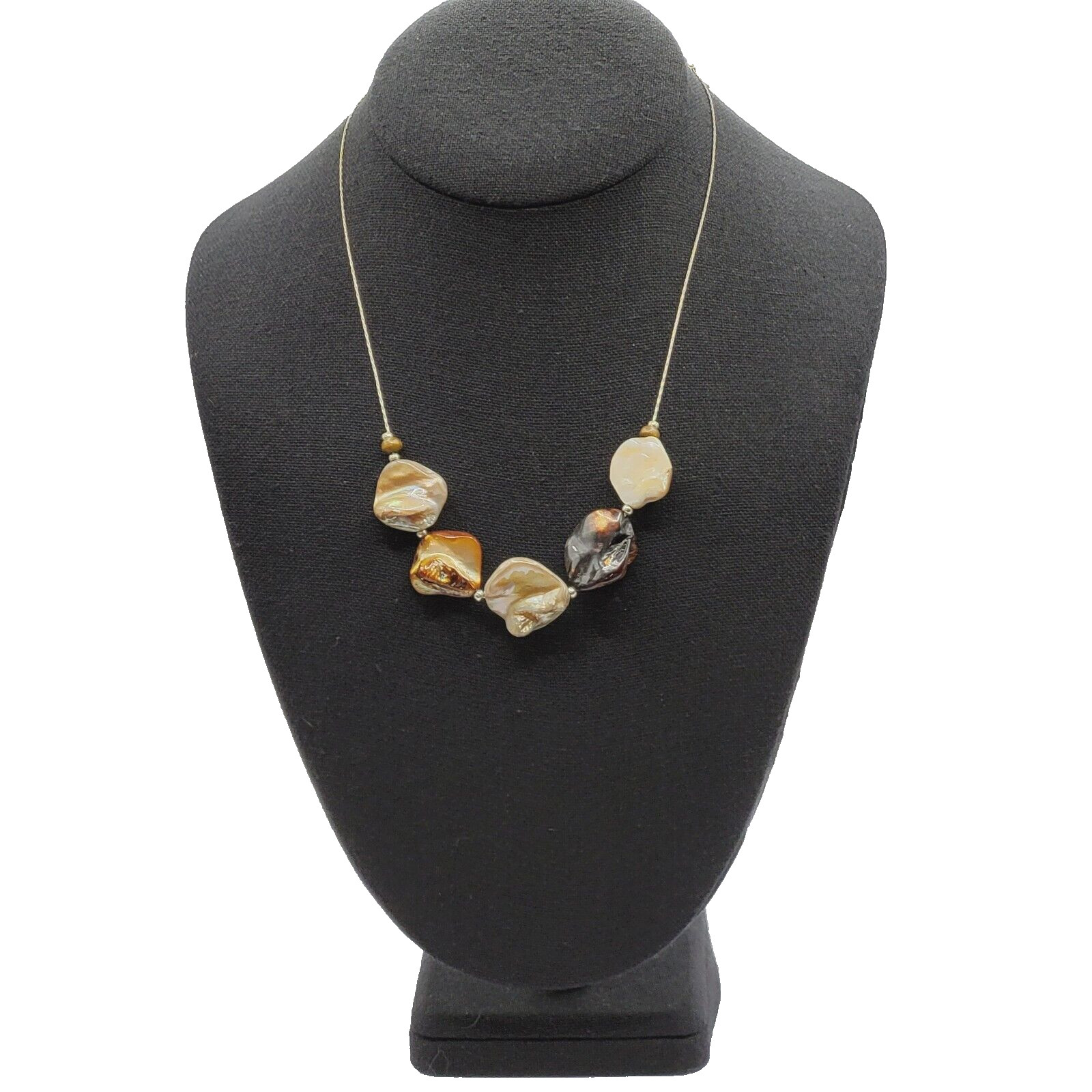 Chunky Mother of Pearl Shell Bead Neutral Color Silver Tone Chain Vtg Necklace