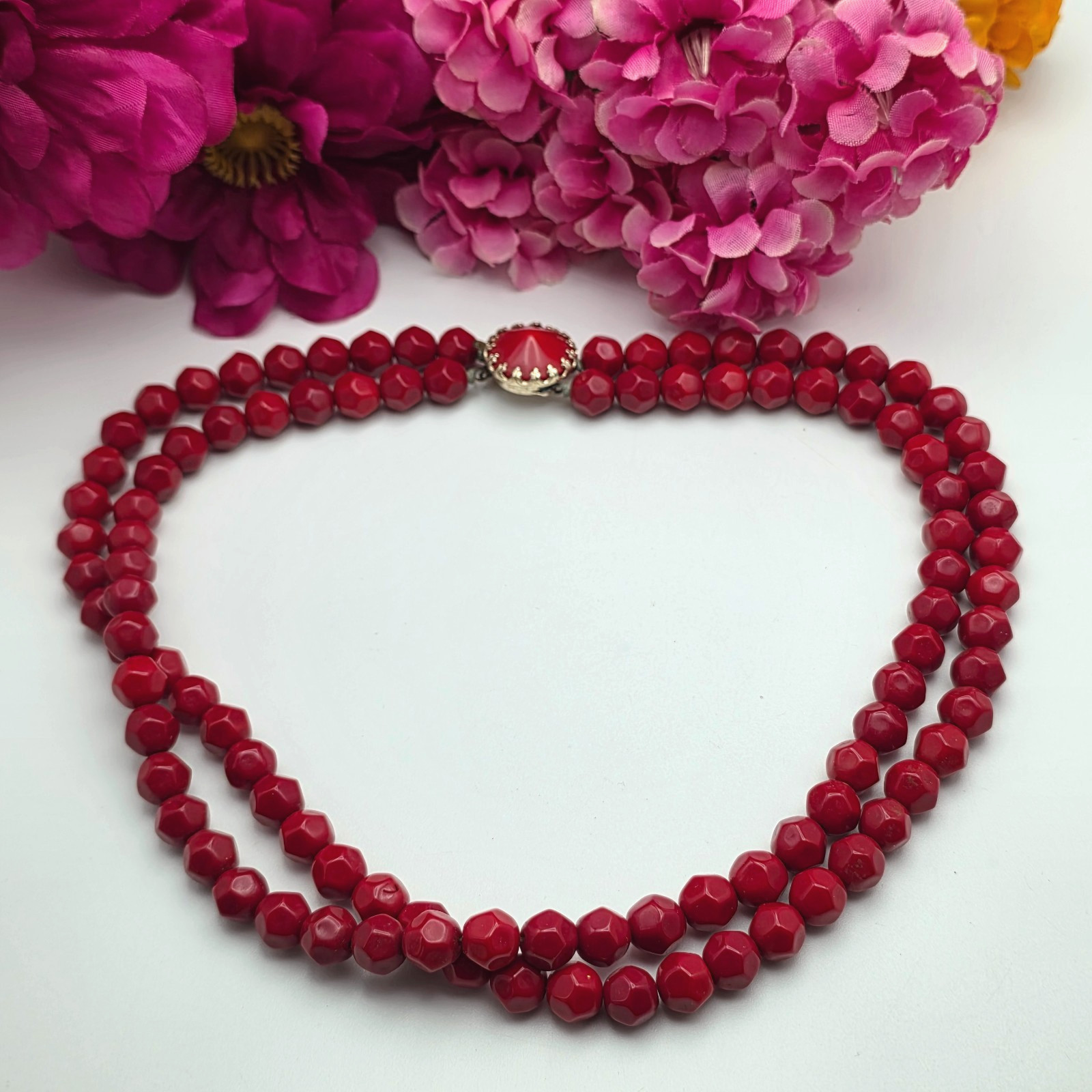 Vintage Double Strand Red Faceted Bead Necklace Box Clasp 18 In Classic