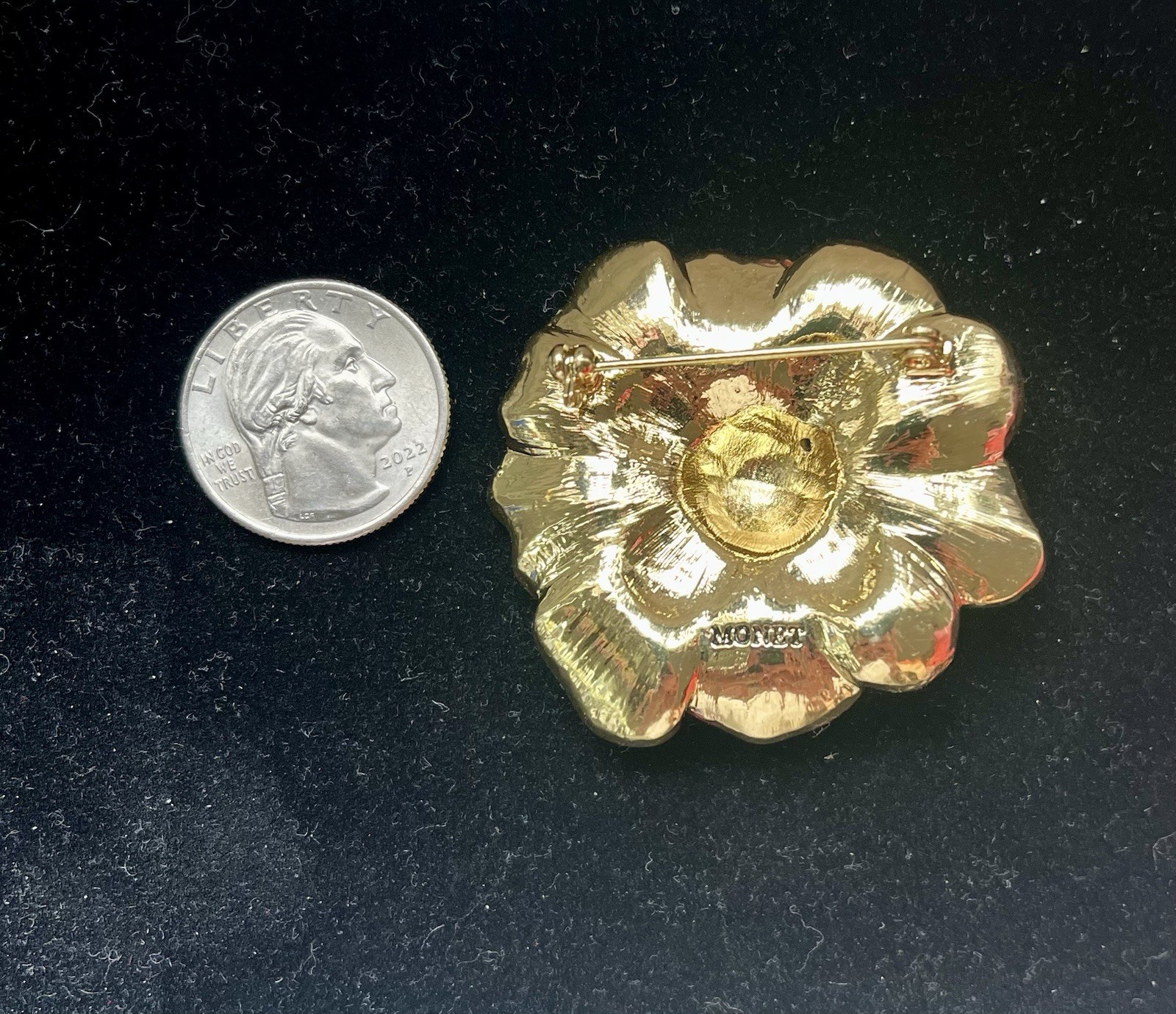 Vintage Monet Signed ENAMEL Red Poppy Flower Brooch-Pin Gold Tone & Rhinestones