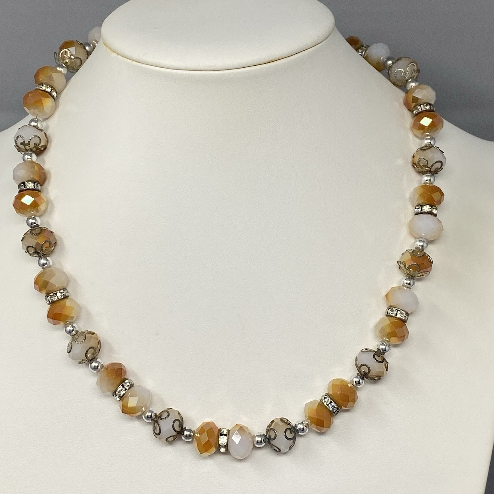 Glass Beaded Necklace White Orange Faceted Fire Polished Metal Caps Collar 21″