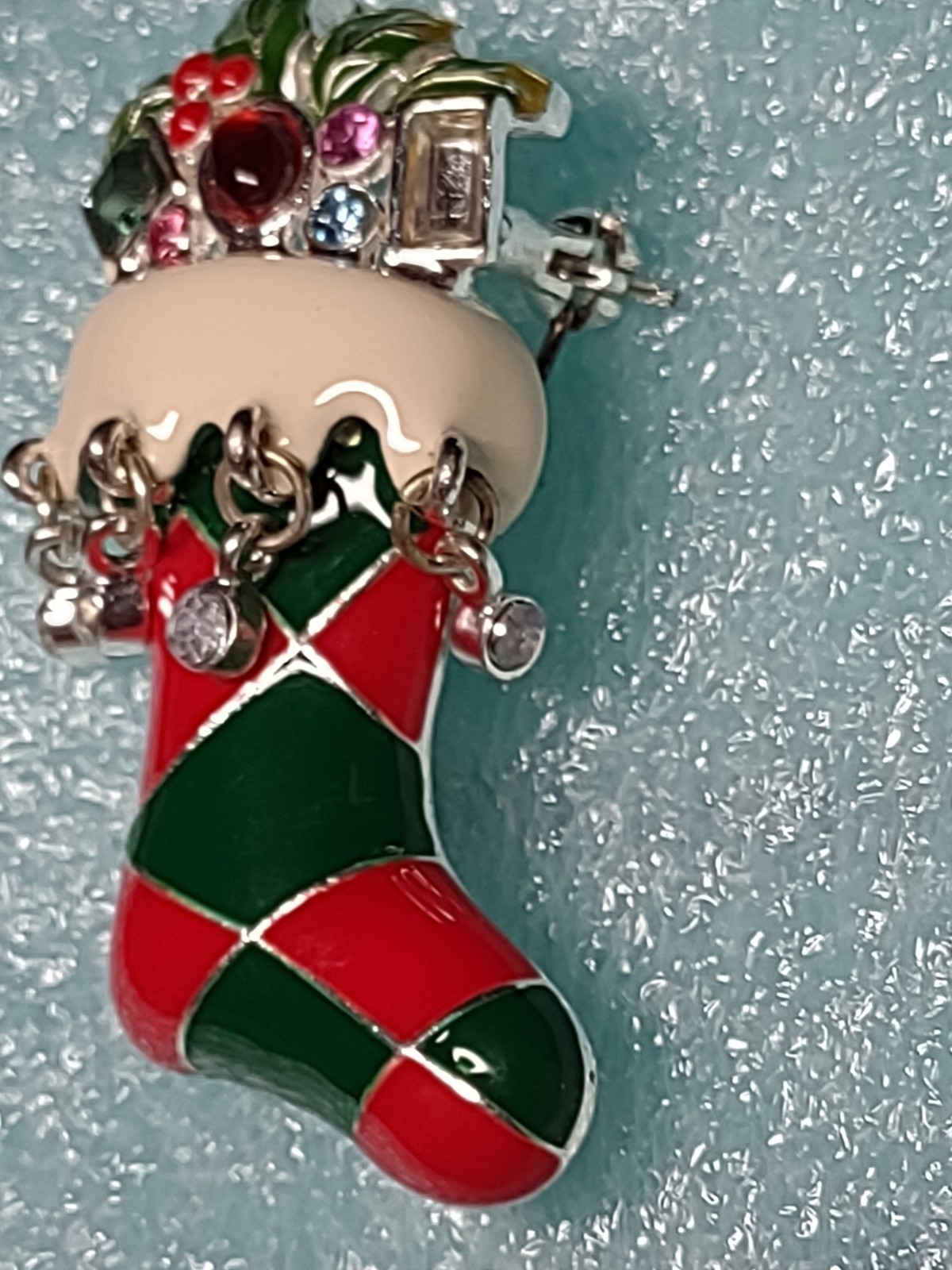 Bejeweled Christmas Stocking Brooch Pin Dangles Enamel Pendant Too