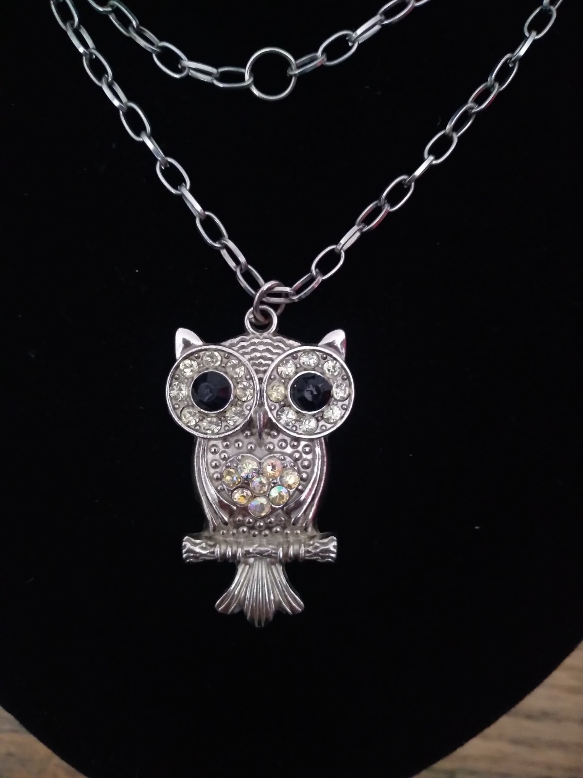 Owl Pendant Necklace Silver Tone Rhinestones 26 Inches Vintage
