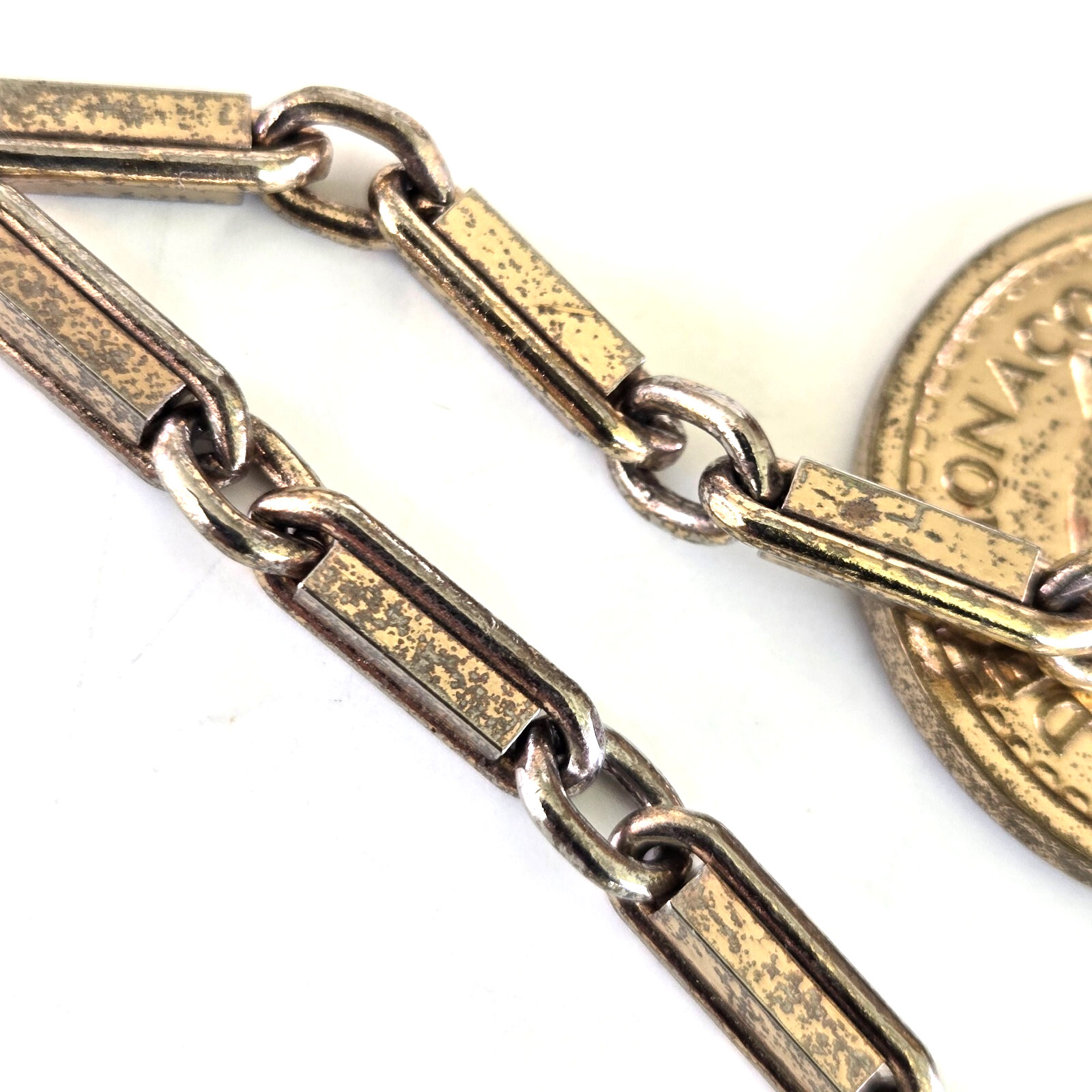 Vintage 1940s Fake French Coin Charm Gold Tone Split Bar Link Chain Bracelet 7″