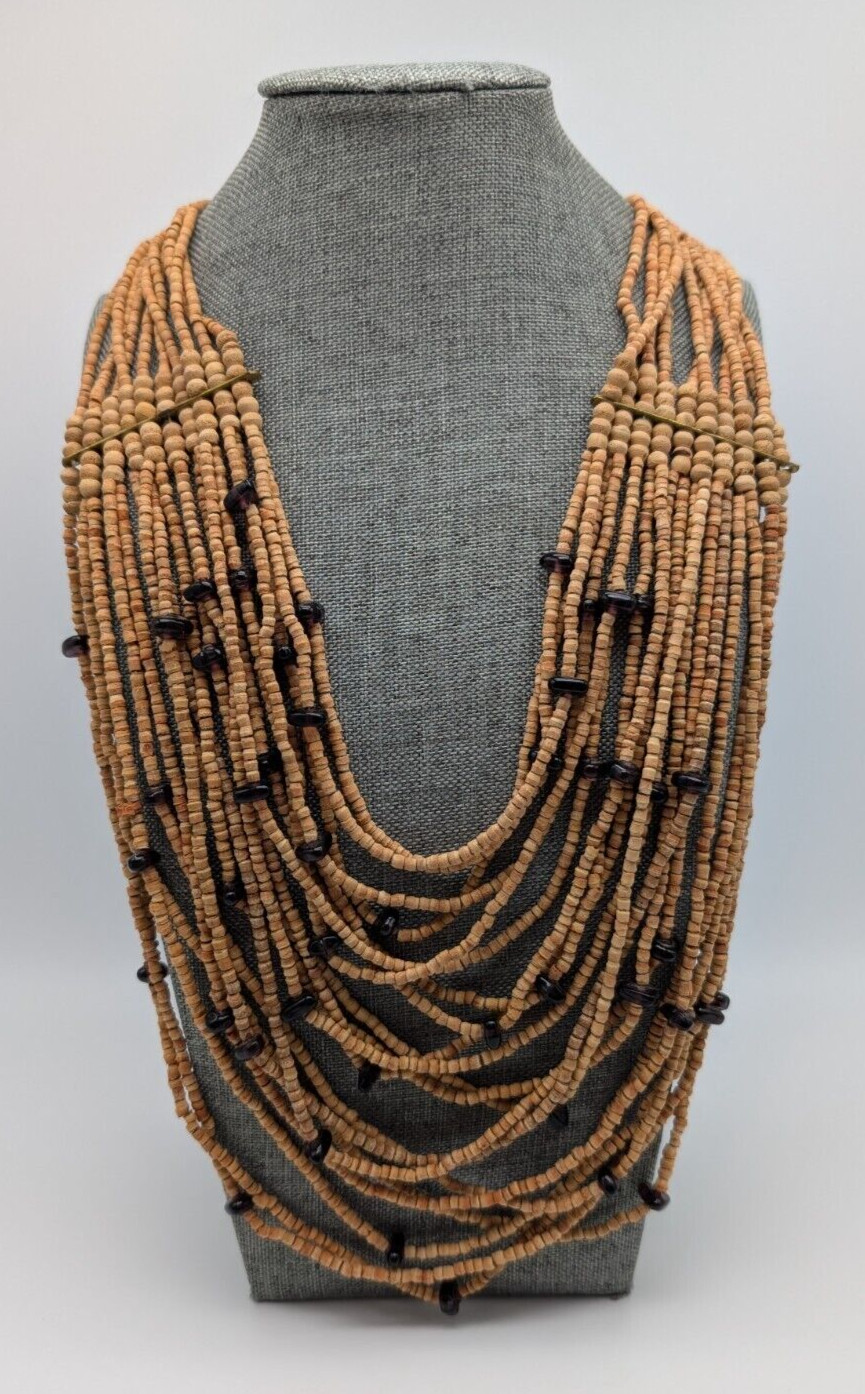 Vintage Boho Multi Strand Wooden Cork Purple Glass Beaded Statement Necklace