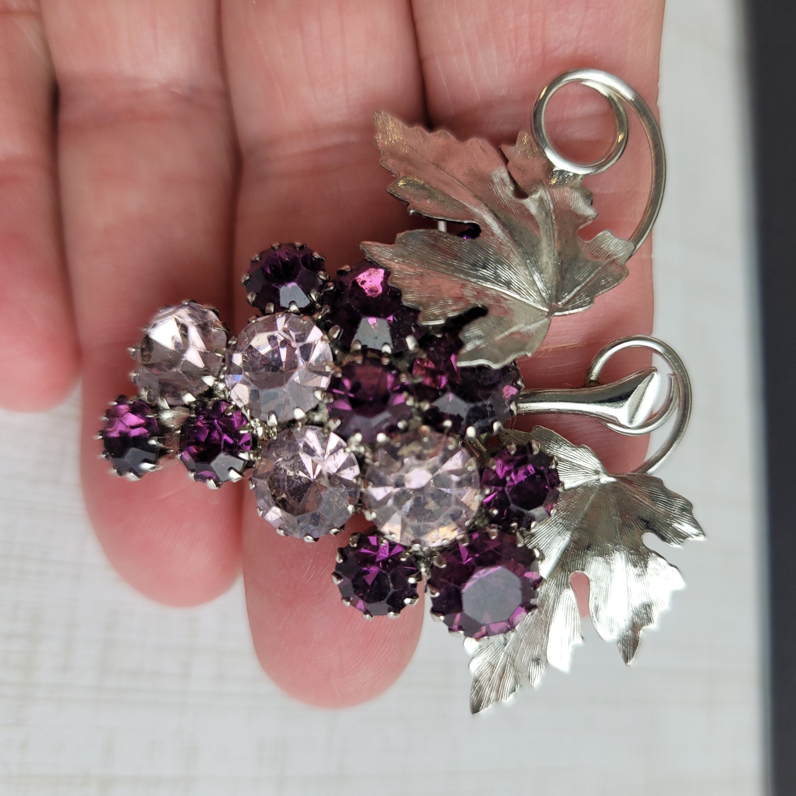 Shades of Purple Rhinestone Grape Cluster Brooch Silver Tone