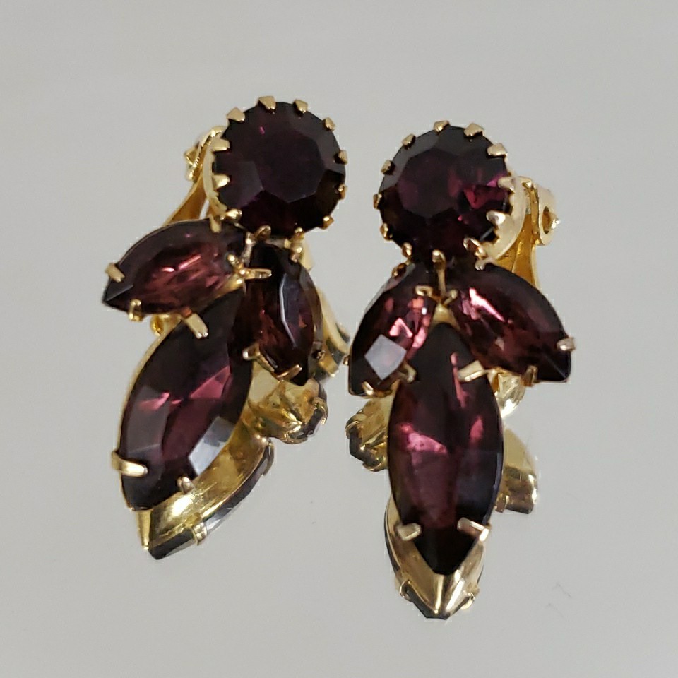 Vintage Purple Cluster Navette Prong Earrings Clip On Gold Tone