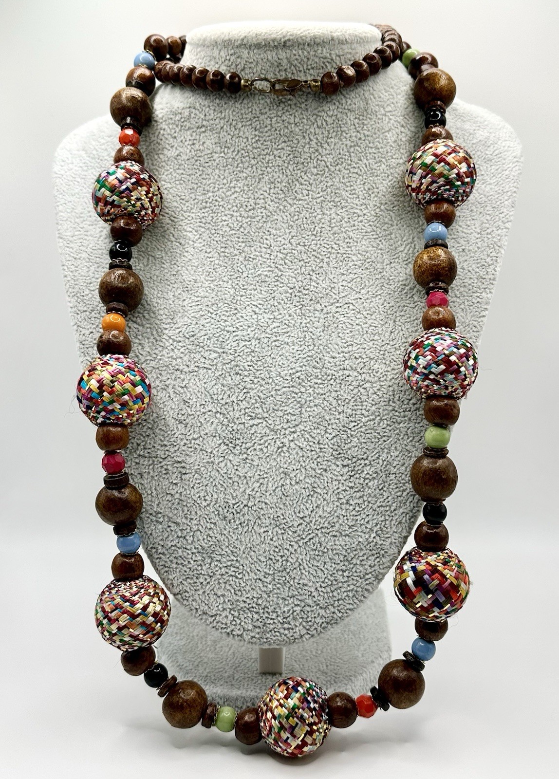 Vintage Multi-Color Boho Wood Statement Necklace Woven Bead 37”