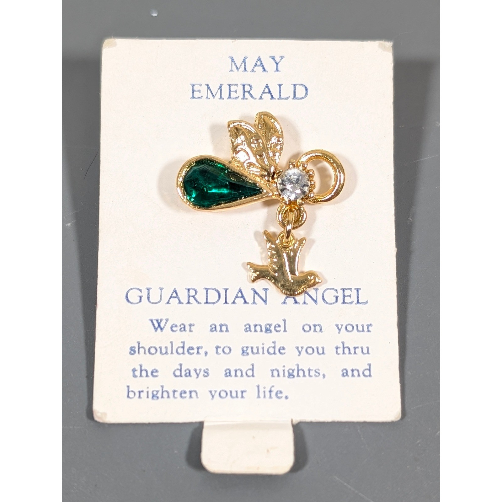 Vintage Guardian Angel Dove Pin May Emerald Birthstone Gold Tone Lapel Tack