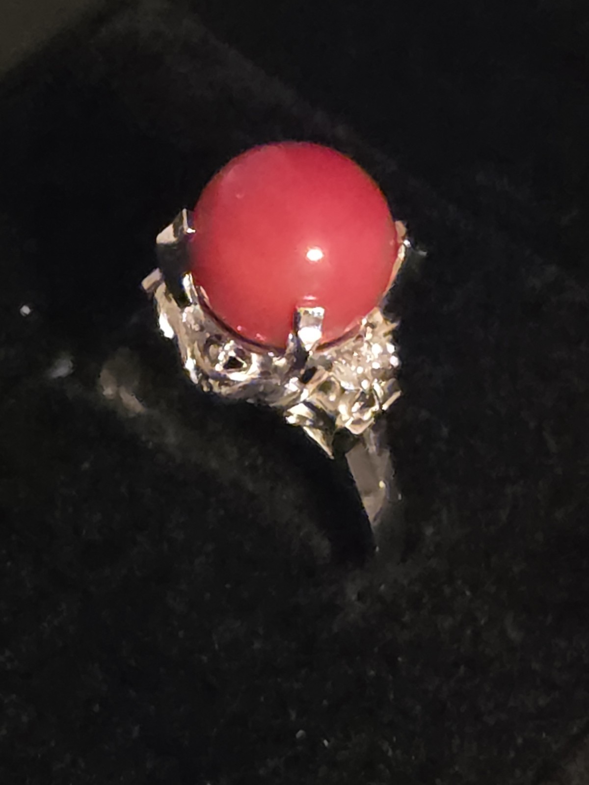 Antique 19th Century 900 Platinum Natural Coral & Diamonds Ring Sz 5-3/4