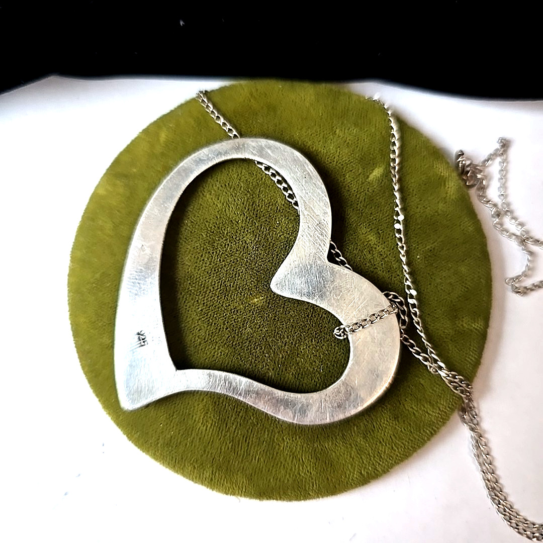 Vintage Sterling Silver 925 Puff Heart Pendant 2″ W Chain Necklace 24″ L