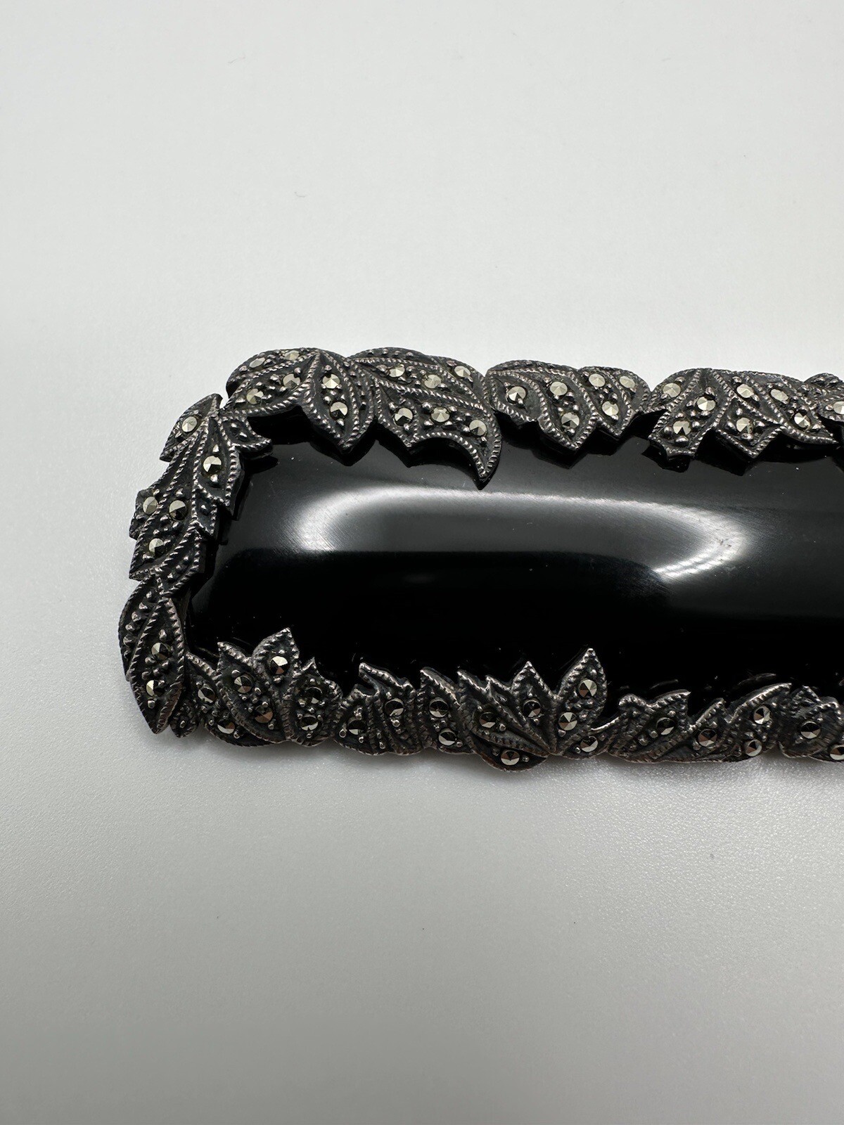 Huge Vintage Sterling Silver Onyx Marcasite Laurel Leaf Brooch 7.5cm BB1