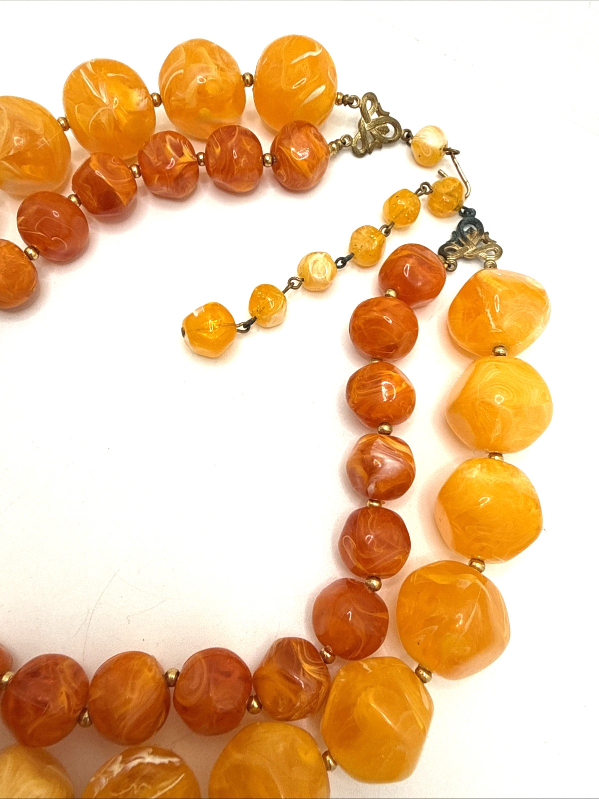 Vintage Double Strand Beaded Choker Necklace Orange Lucite Swirl Mid Century 18″