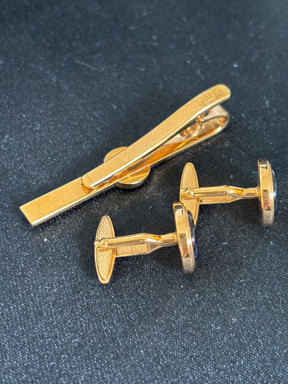 Dunhill Vintage Cufflinks Tie Clip Set Gold Tone Black Onyx Style w/ OG Box