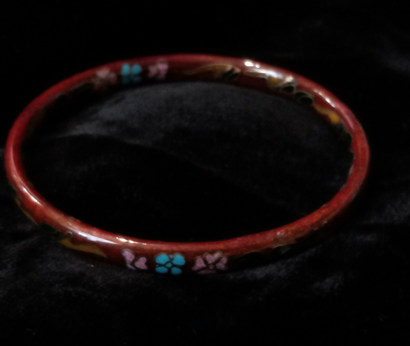 Vintage Chinese Redish Brown Gold Cloisonne Enameled Flower Bangle Bracelet