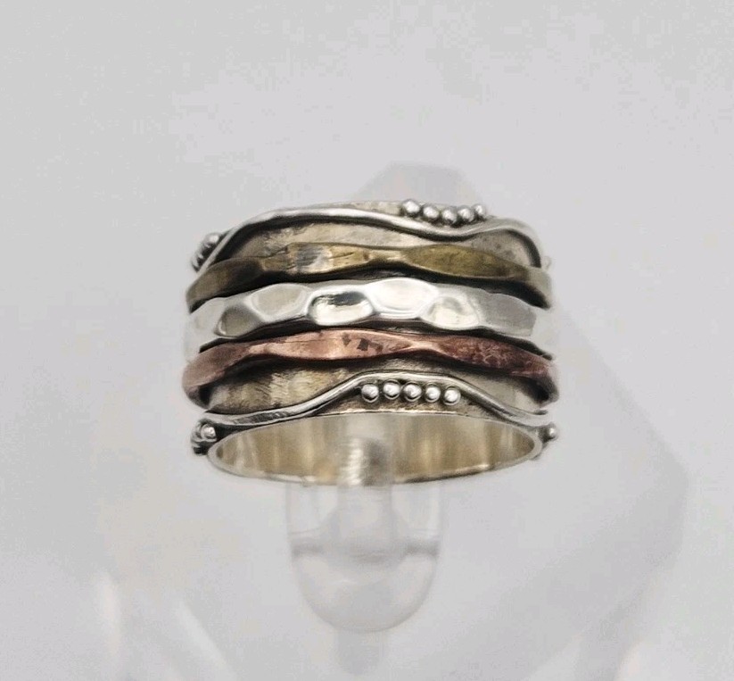 Sterling Silver Vintage Mixed Metal 3 Band Spinner Ring Size 8