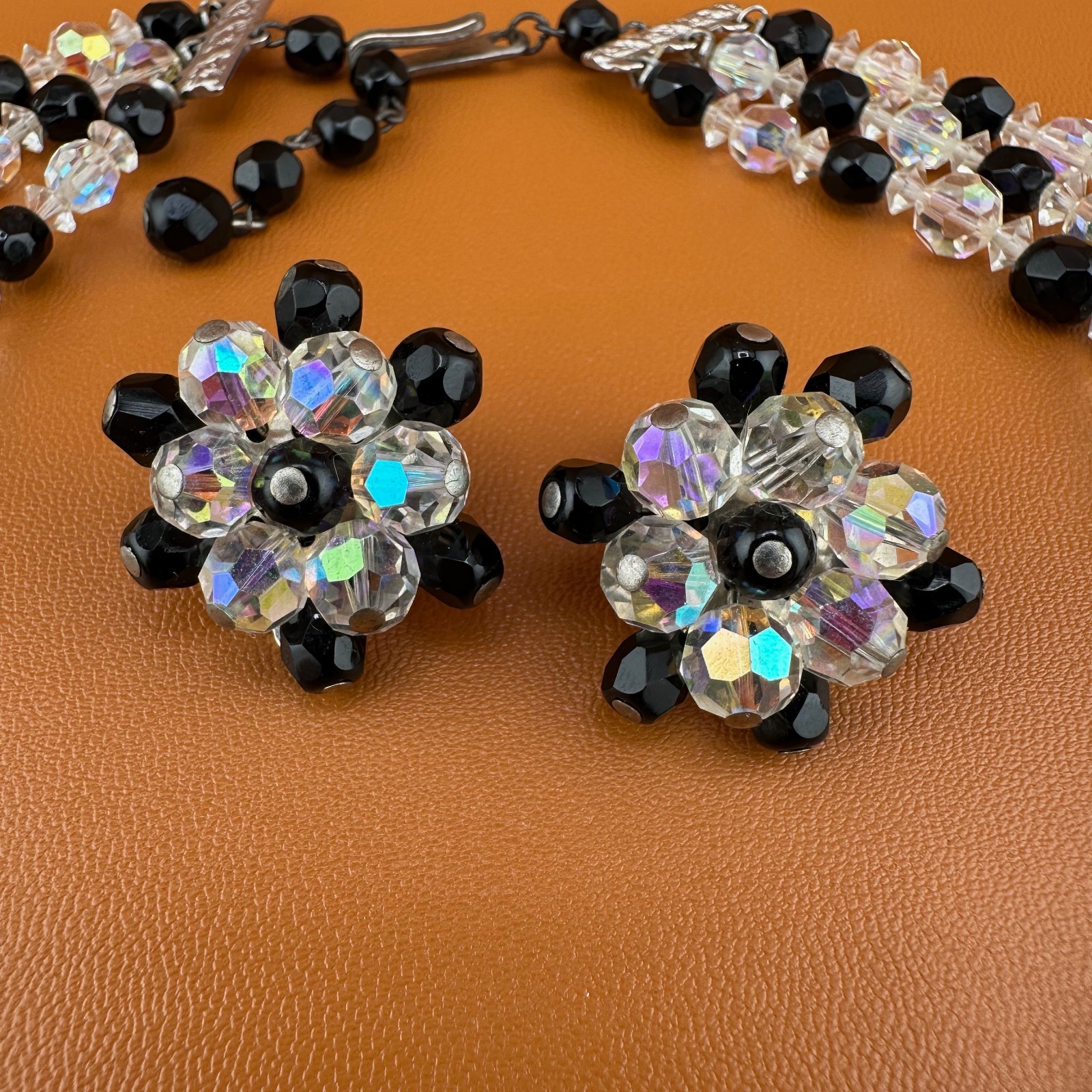 Vintage AB Crystal Bead Necklace Earrings Set Triple Strand Black & Clear 15″
