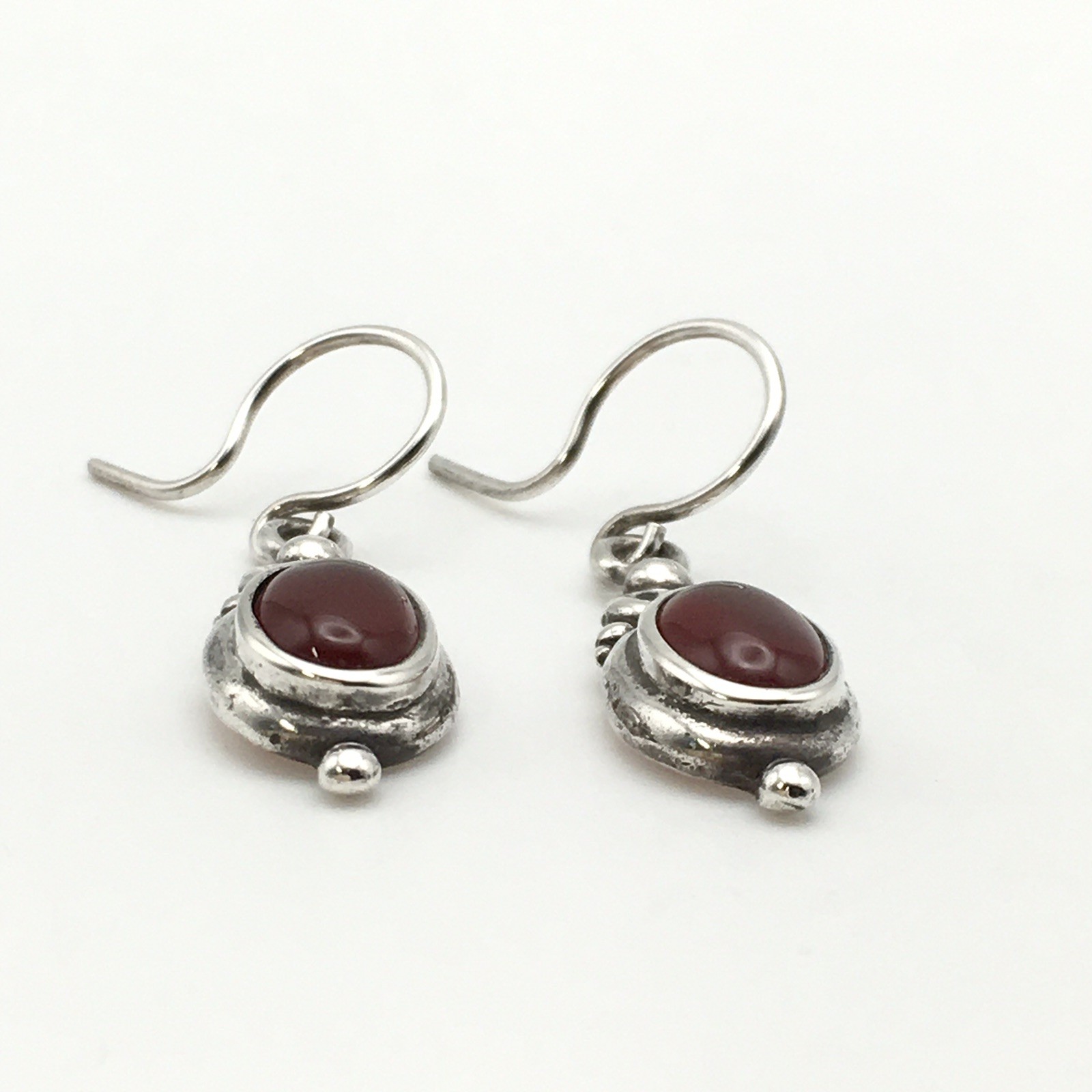 Vintage Sterling Silver Oval Red Orange Stone Hook Dangle Earrings 3.9g #65