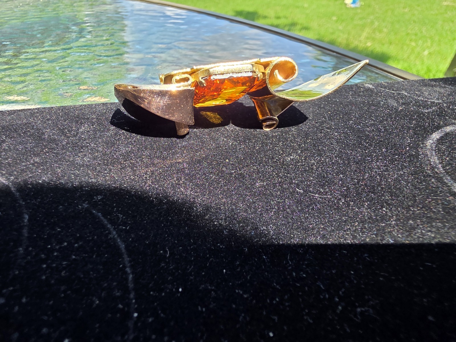Coro Signed 1942 “Massive Wave” Brooch – Amber Glass – Designed byAdolph Katz