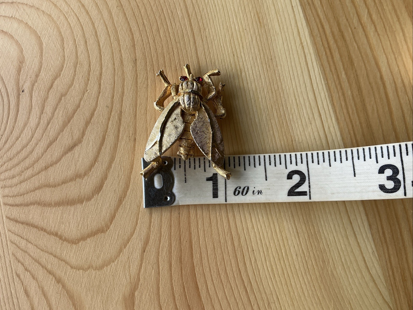 Vintage Fly Brooch Pin with Red Rhinestone Eyes Textured Gold Tone Medium Chunky