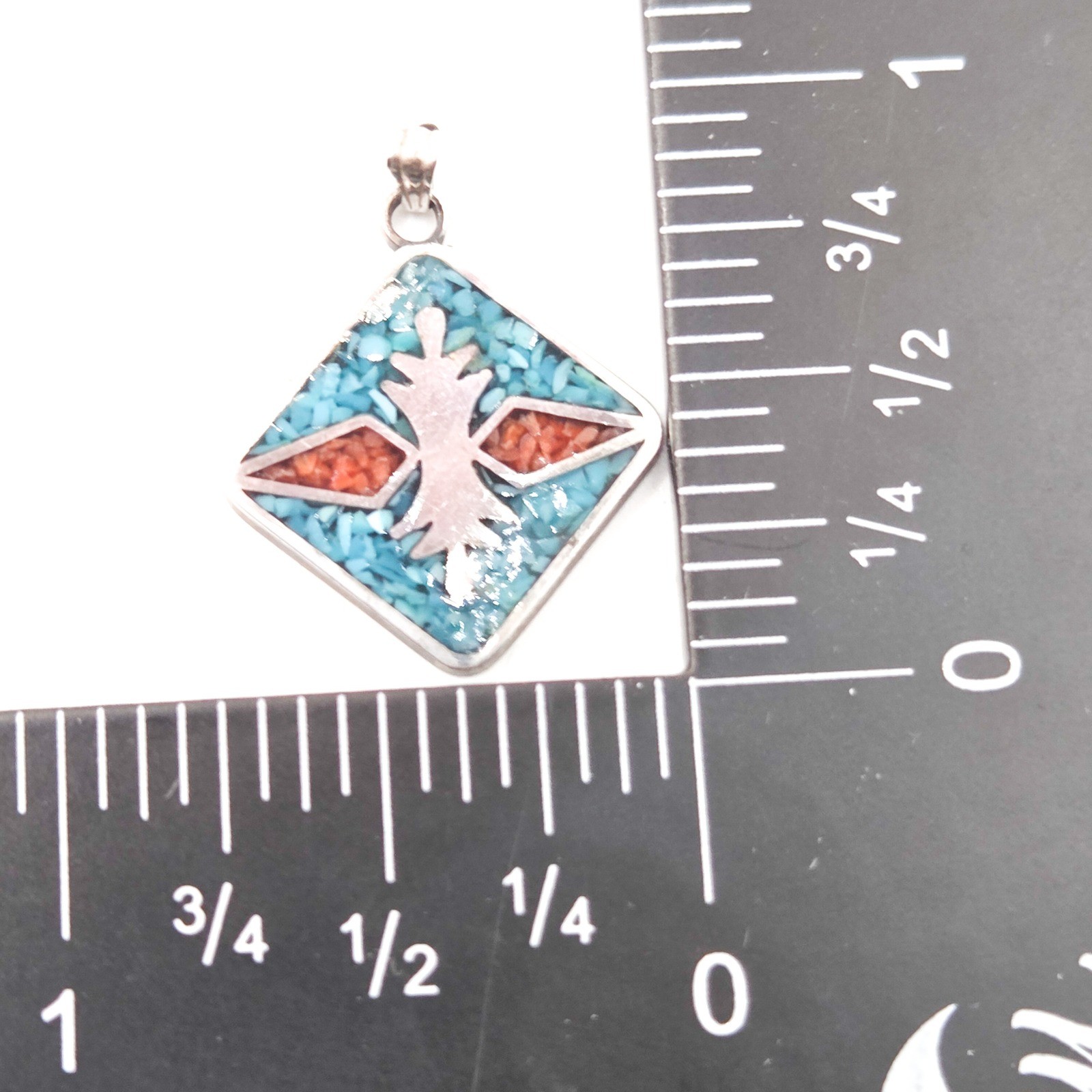 Vintage Sterling Silver 925 Thunderbird Chip Inlay Turquoise Coral Pendant