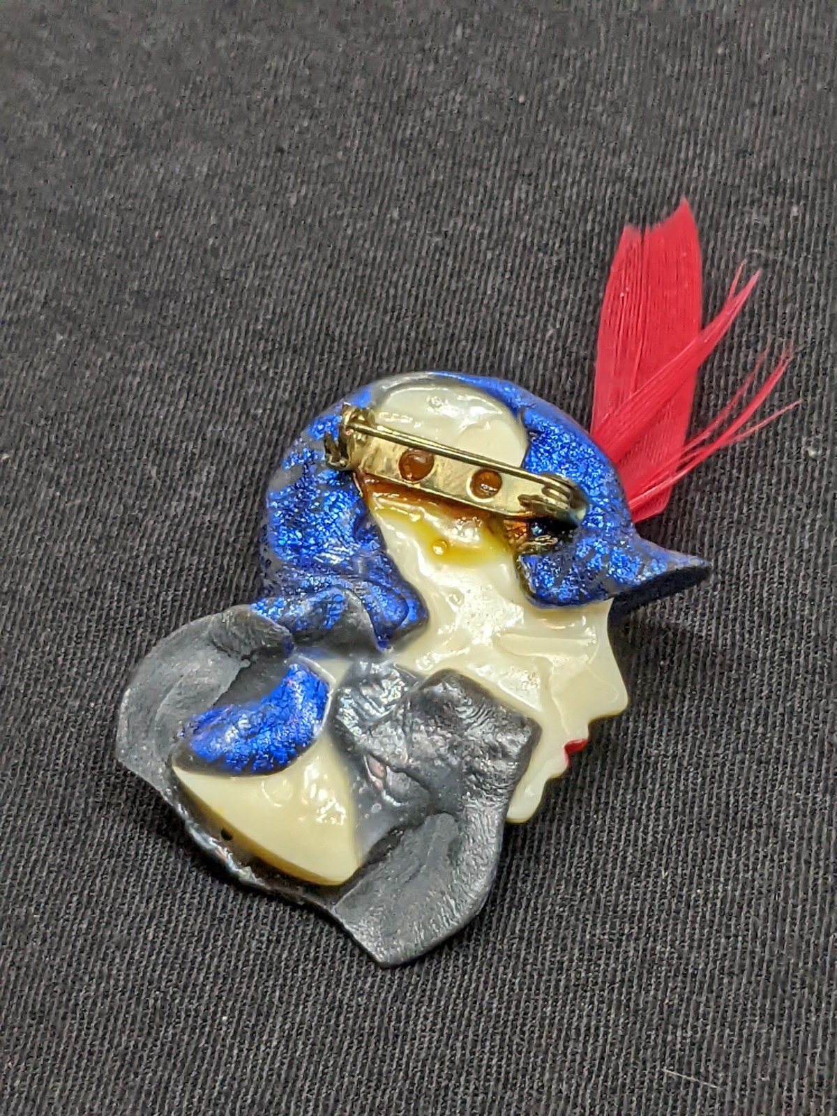 Vintage Lady Head Brooch Blue Glitter Hat Red Rhinestones Feather Pin Retro