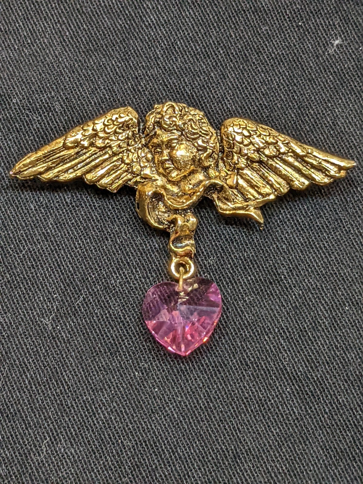 Vintage Signed Cherub Angel Brooch Pink Crystal Heart Dangle Gold Tone Pin 2.5″