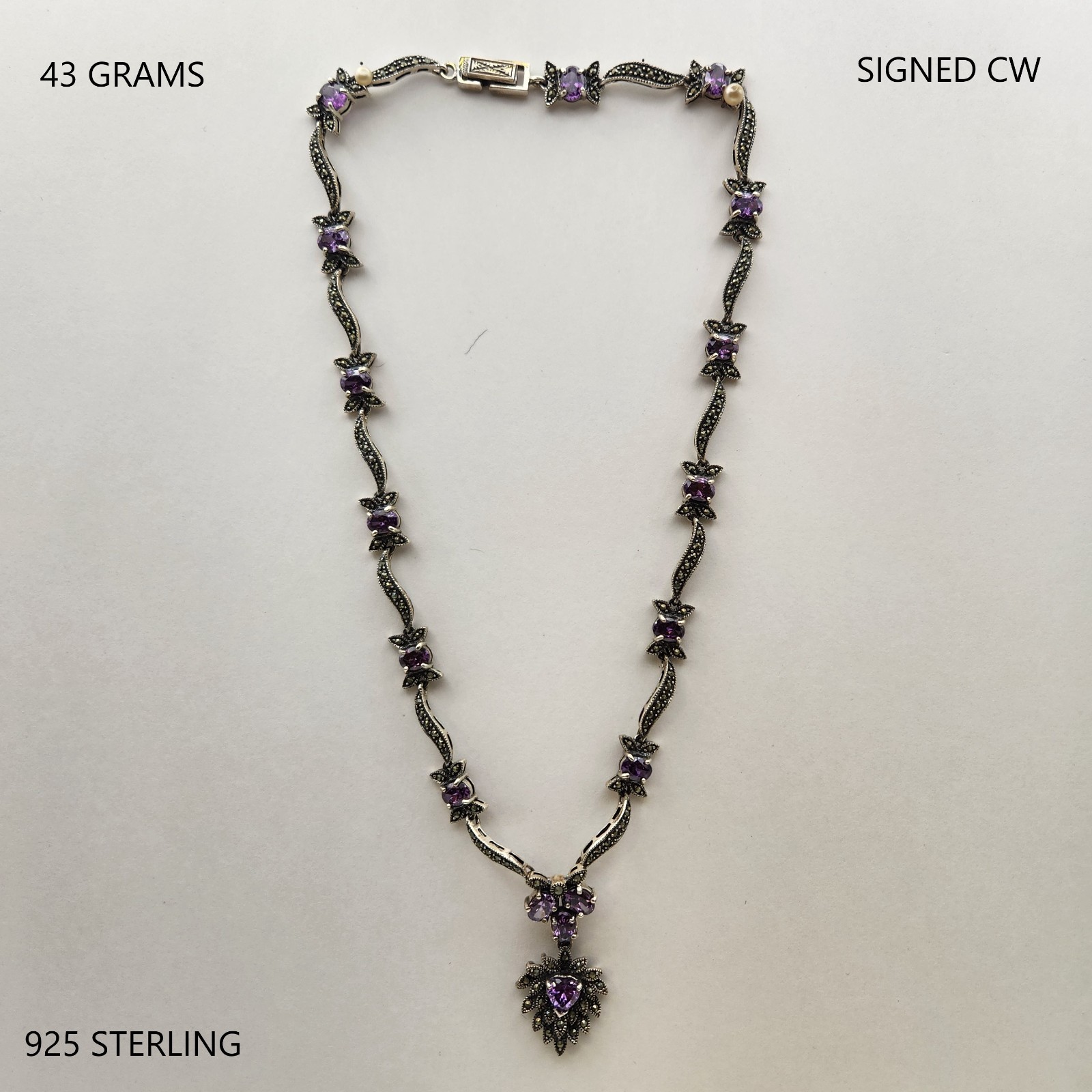 Charles Winston CW 925 Sterling Silver 43g Amethyst Marcasite Statement Necklace