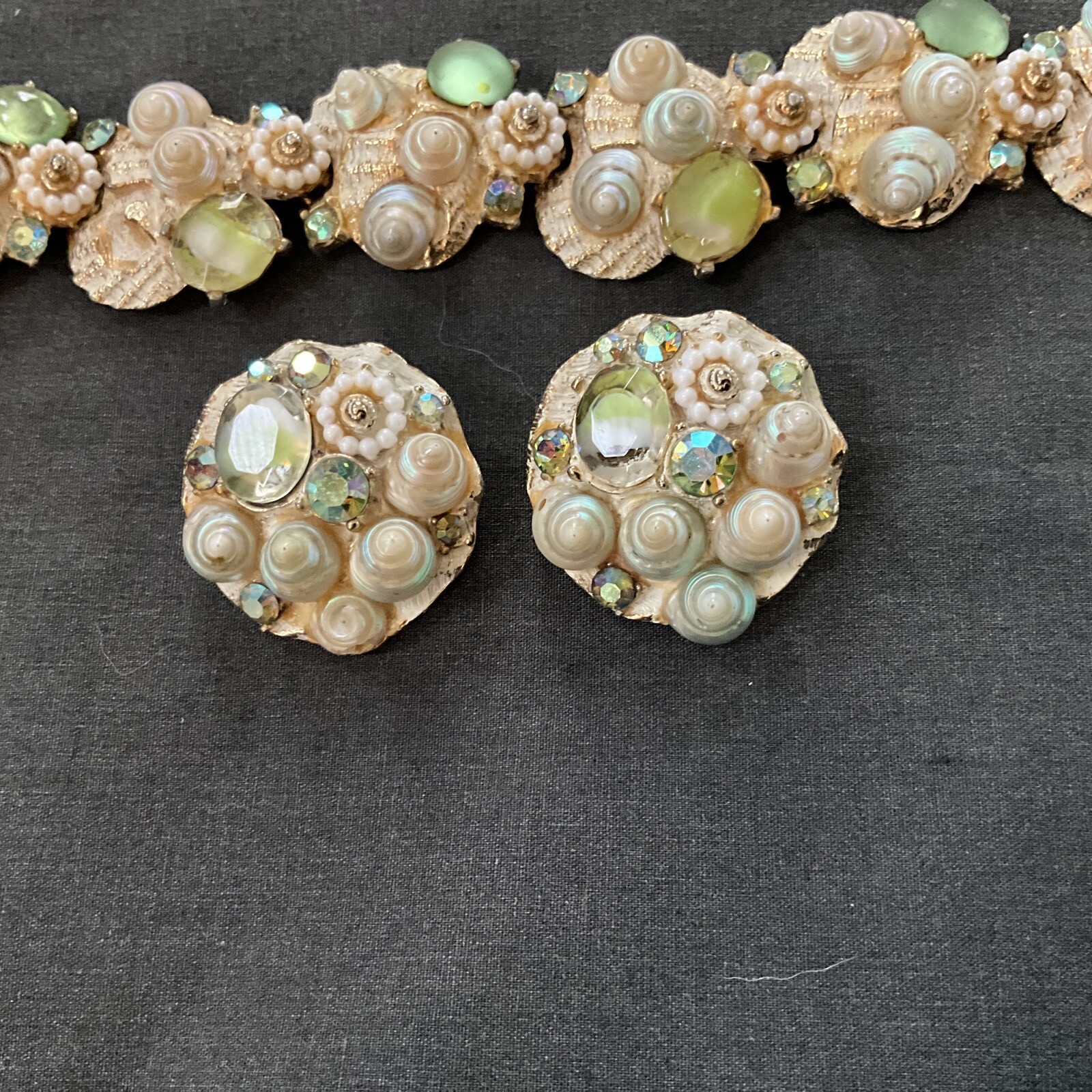 Vintage Art SEASCAPE Shells, Pearls, Rhinestone Bracelet and CLIP Earrings RARE!