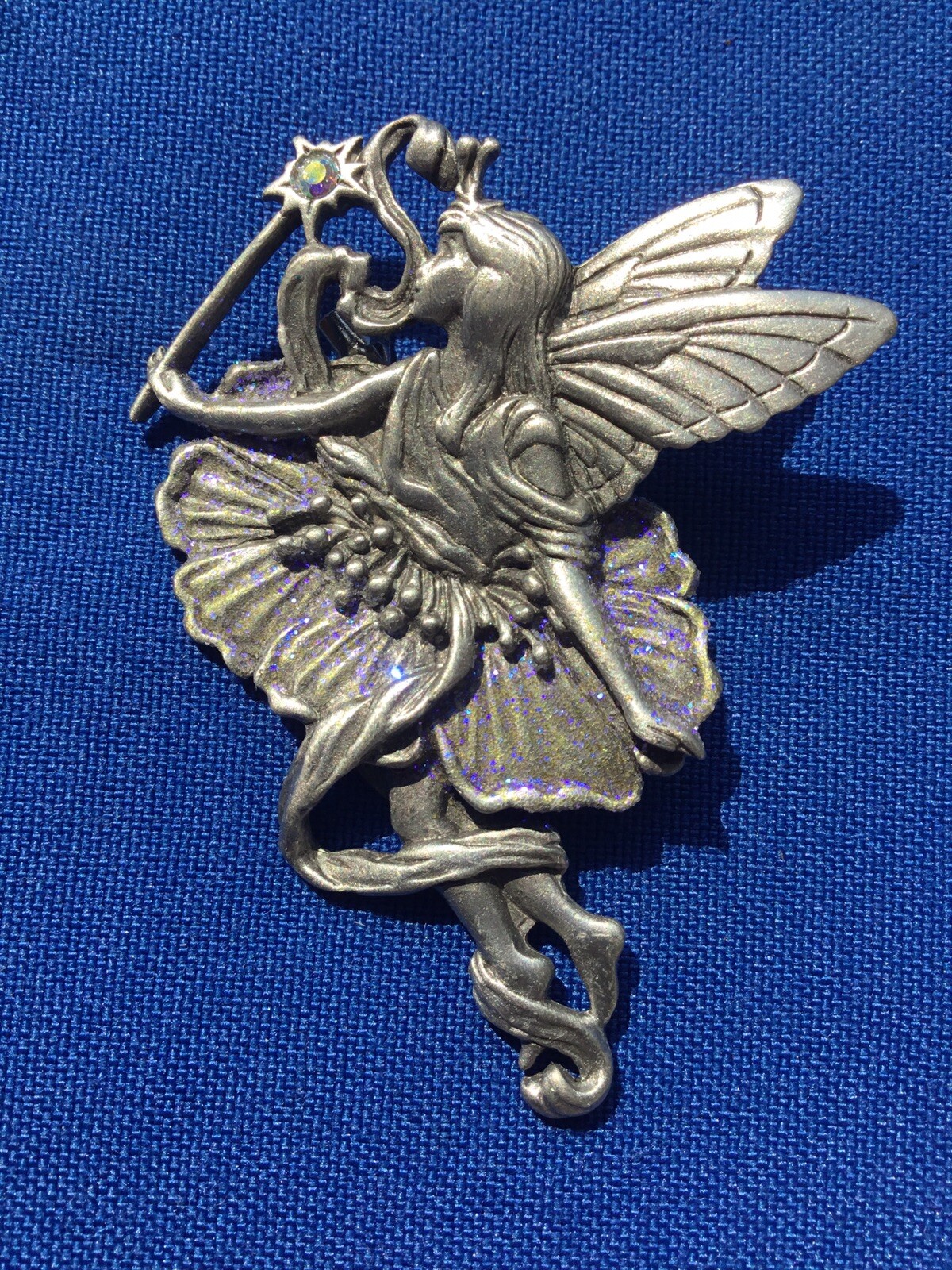 JJ Jonette Pewter Fairy Brooch Whimsical Fantasy Purple Glitter Flower Dress