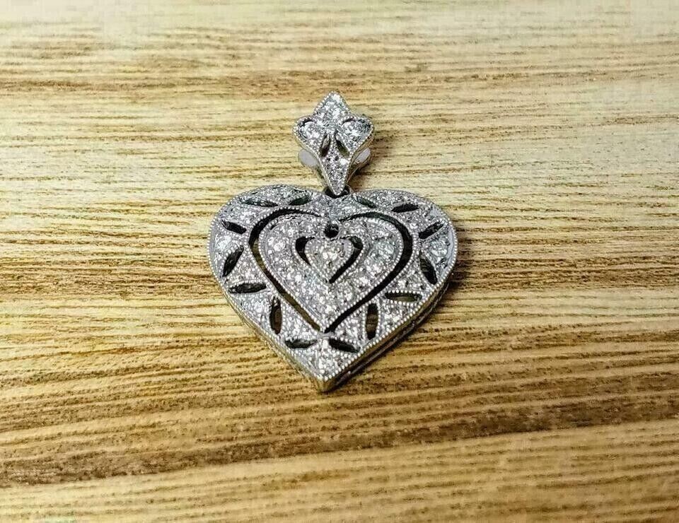 Art Deco Vintage Heart Pendant 2Ct Round Simulated Diamond 14K White Gold Plated