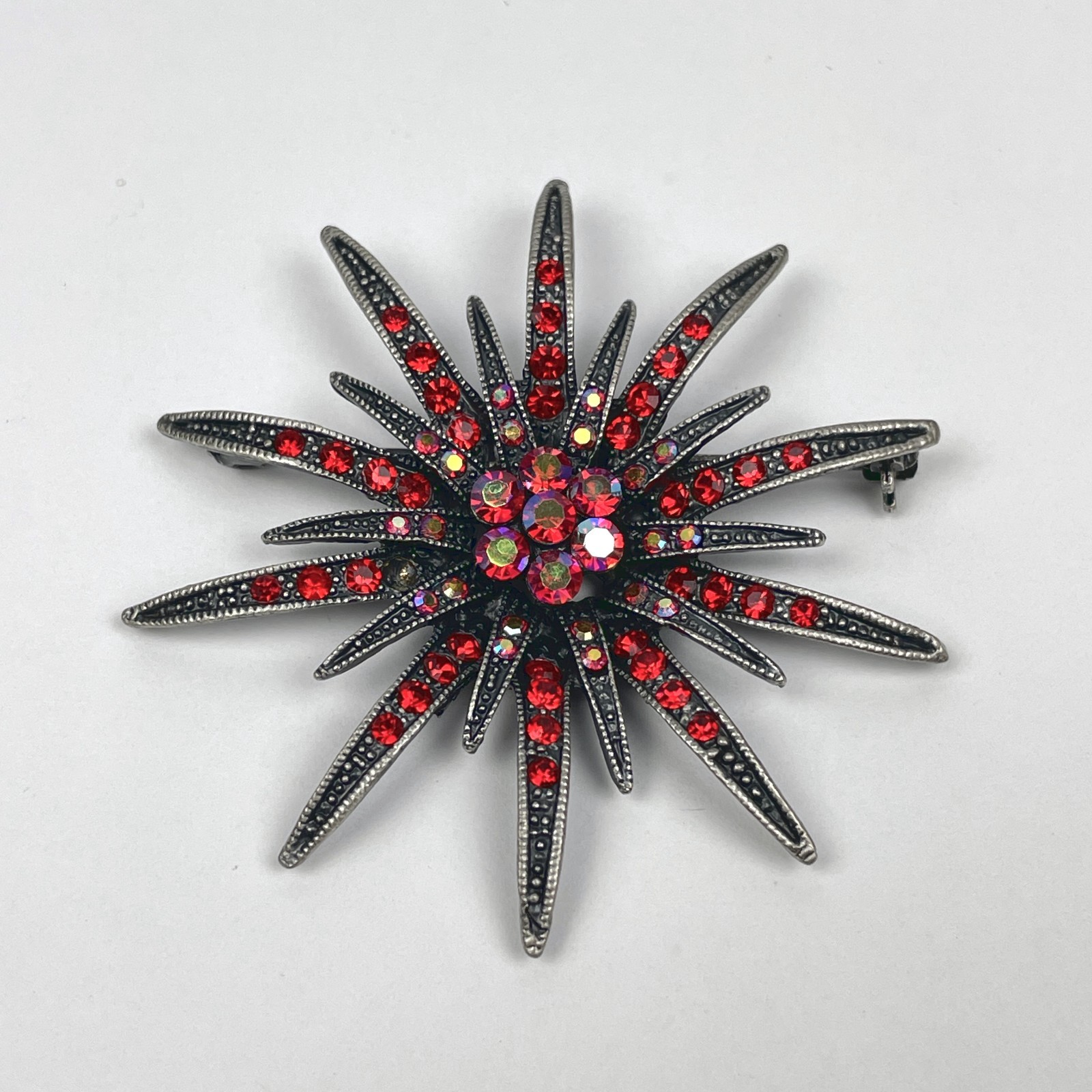 VTG Red Rhinestone Firework Starburst Flower Brooch Pin AB Crystal Unsigned