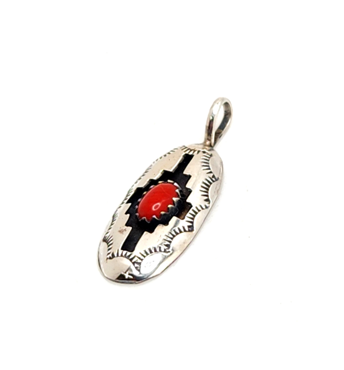 Sterling Silver Coral Cabochon Oval Shadowbox Pendant, Signed P, 1 1/8″ Tall