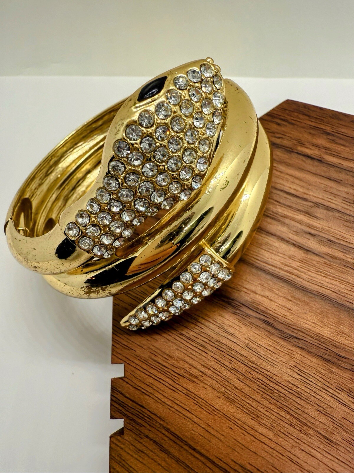 Gold Tone Rhinestone Snake Wraparound Hinge Bracelet – 2 3/8 Inch Inner D