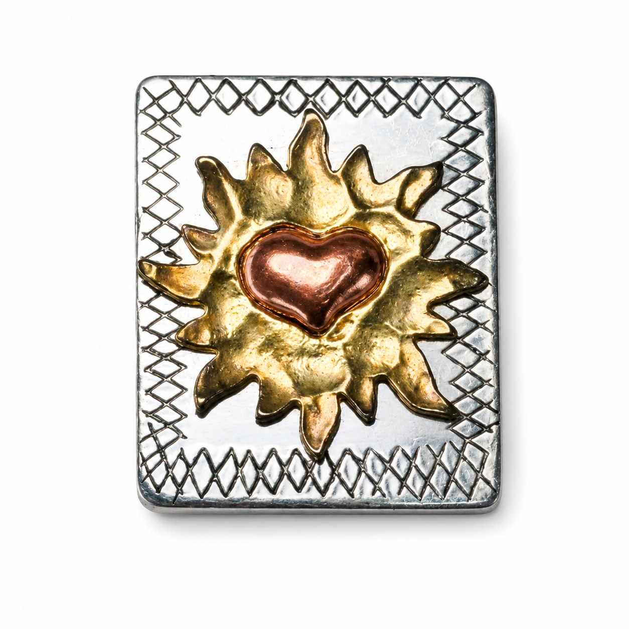 Vintage Handcrafted Sunburst Heart Brooch Mixed Metal Safety Bar Clasp