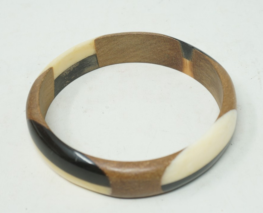 Vintage Bangle Bracelet 3 Tone Brown Wood Black and Cream Lucite