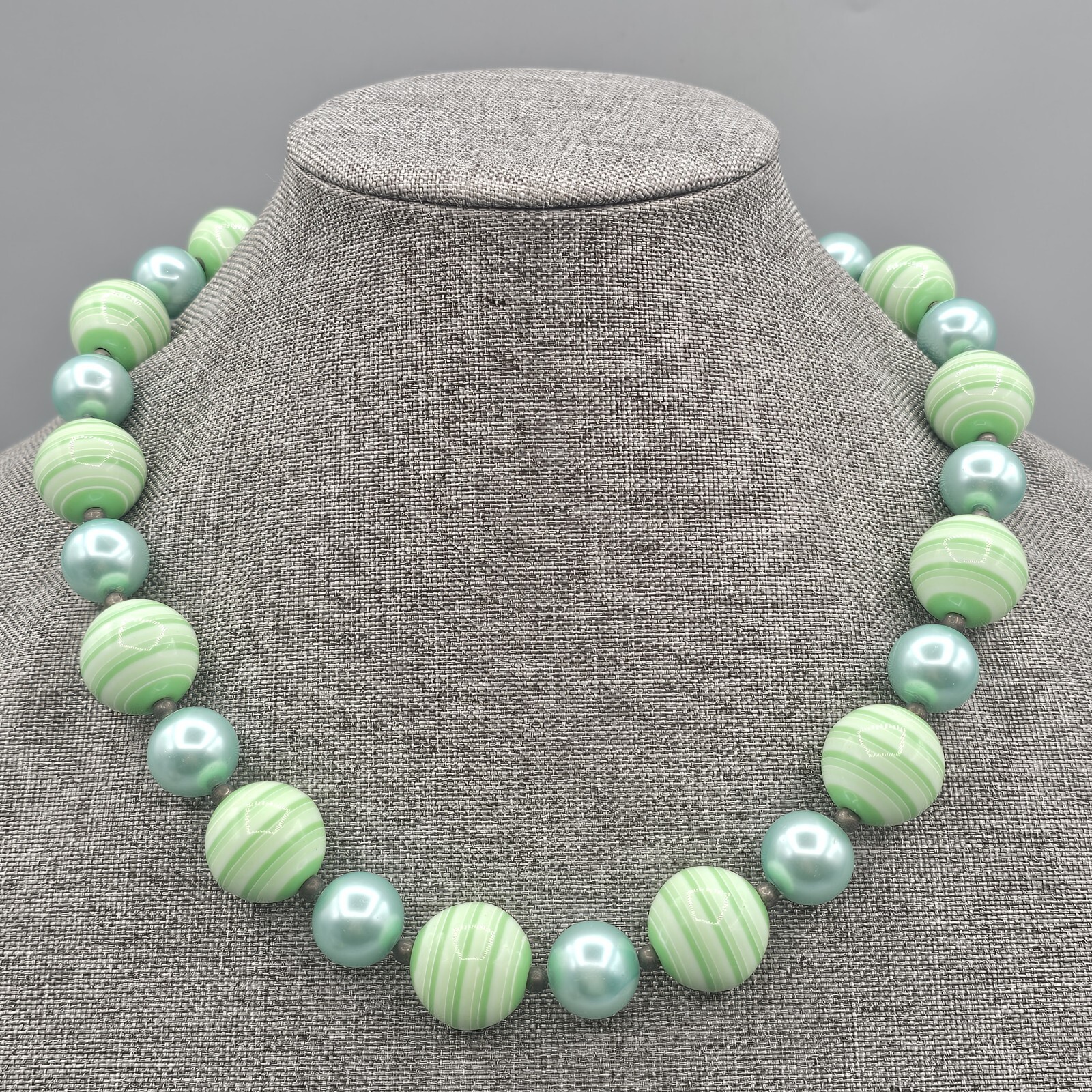 Vintage Gumball Bead Necklace Green Stripe Blue Metallic SIngle Strand 22″