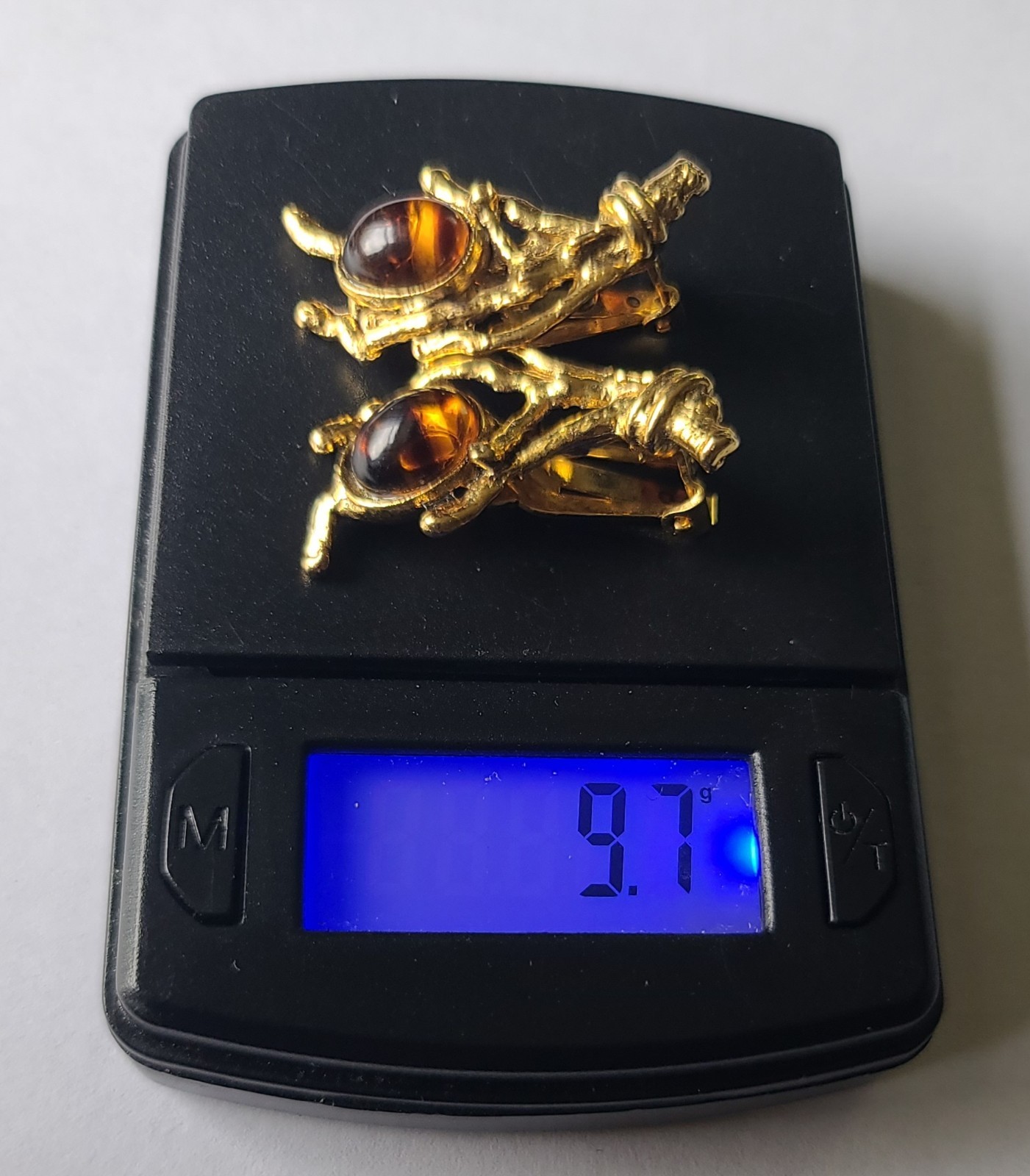 VTG Brutalist Modernist Goldtone Branches Swirl Glass Brooch Pin & Earrings Set