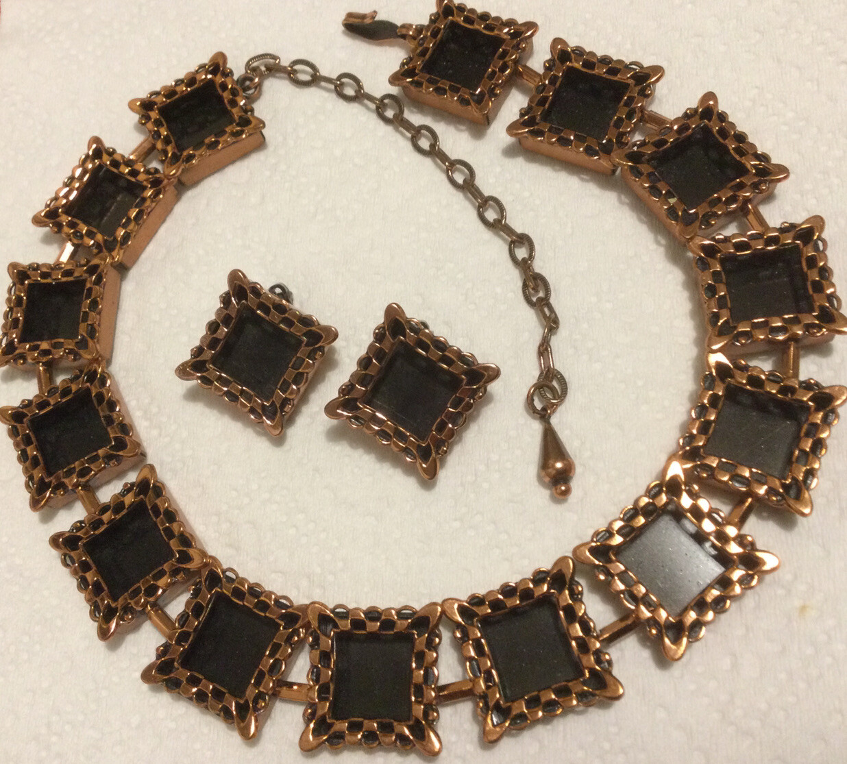 VTG signed Renoir/ Matisse Set Necklace & Earrings Bronze Black Enamel 17.5 in