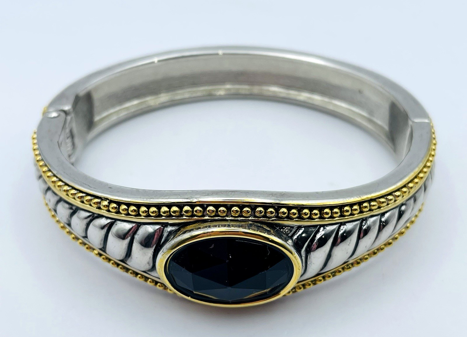 Vintage Silver and Gold Tone Hinged Bangle Bracelet Black Faceted Acrylic Stone