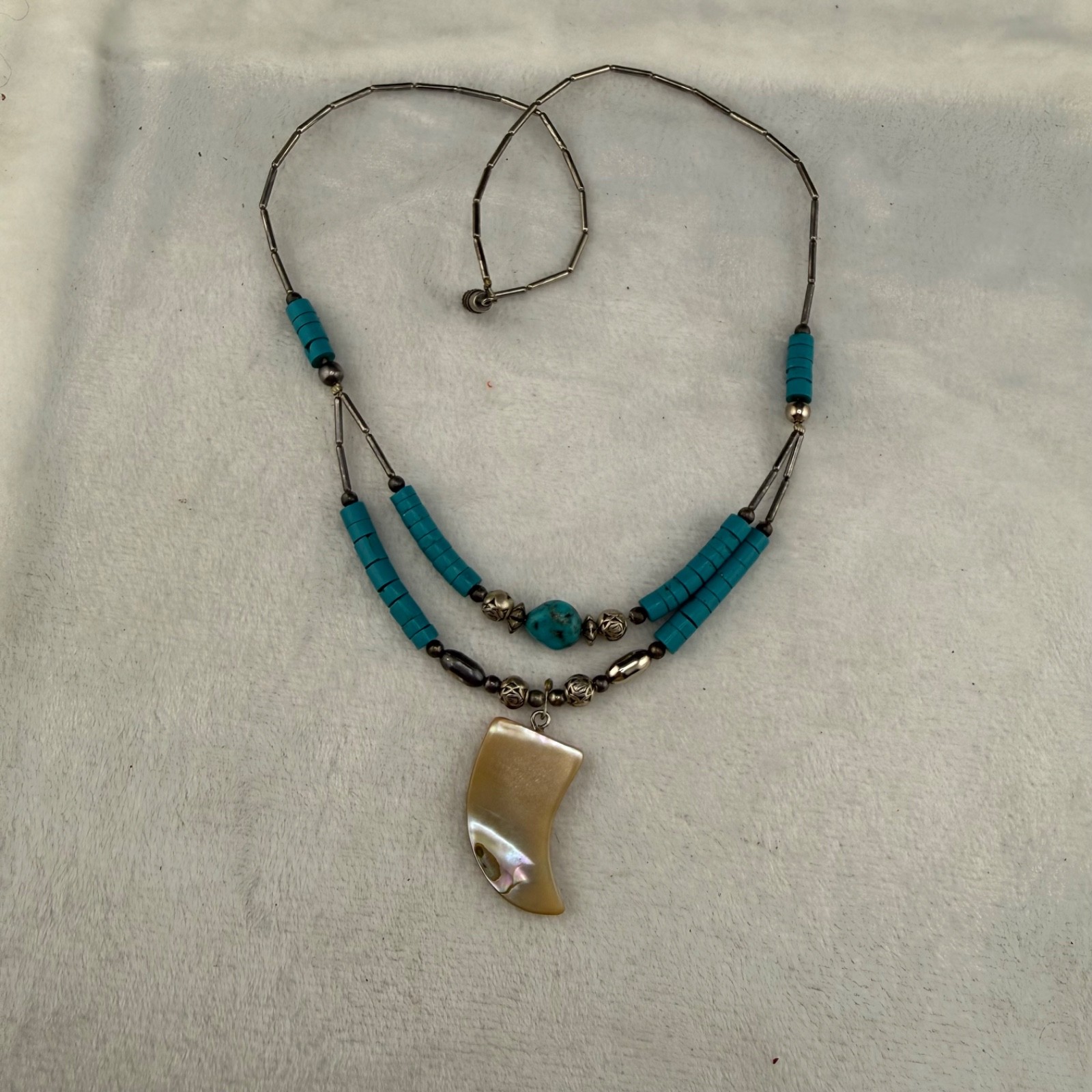 Vintage Beaded Layered Necklace Polished Stone Abalone 24”