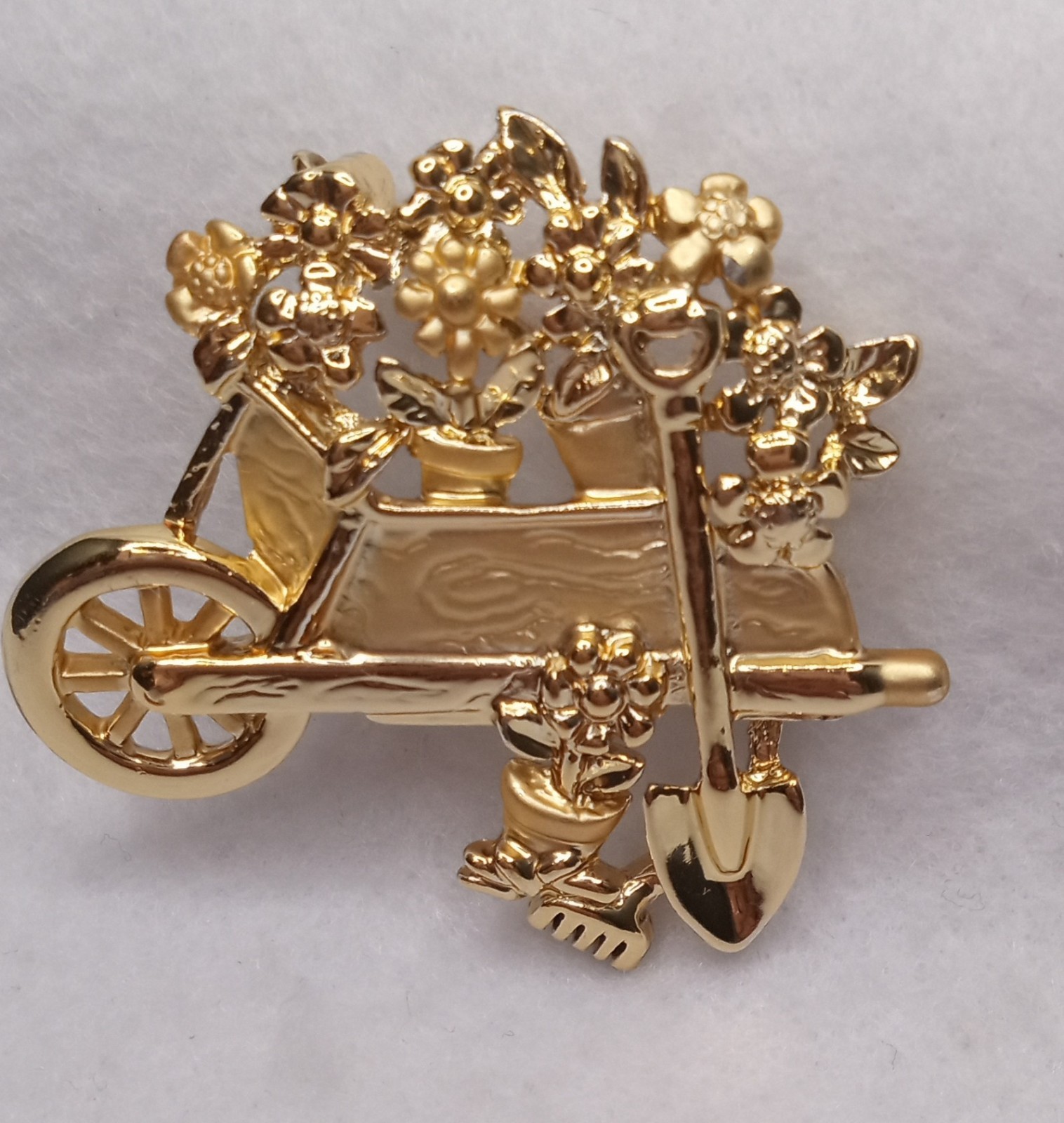 Wheelbarrow of flowers Brooch, gold tone, garden, spring Flower Cart AJC