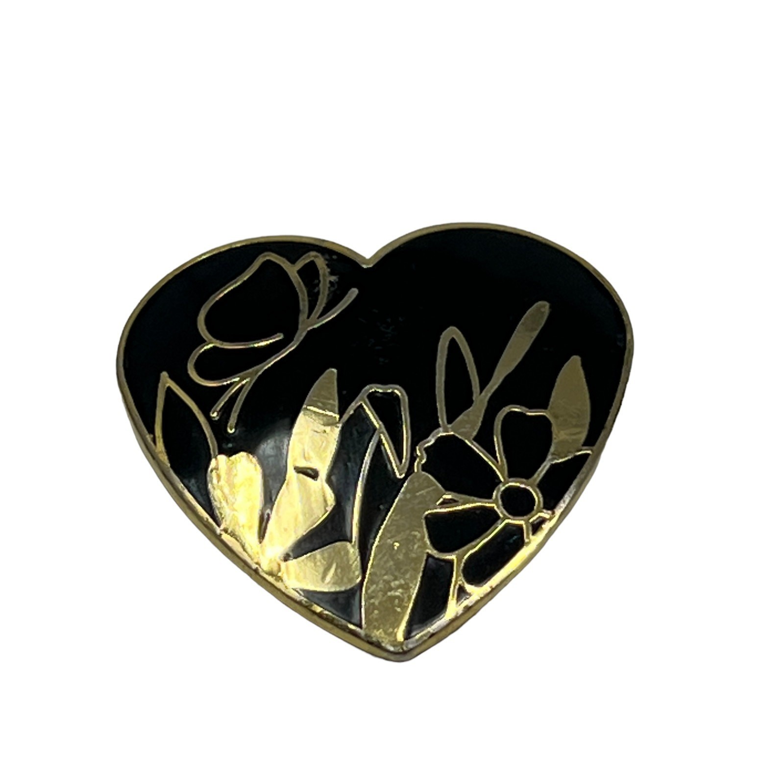 Vintage Heart Brooch Flower Butterfly Gold Tone and Black Enamel